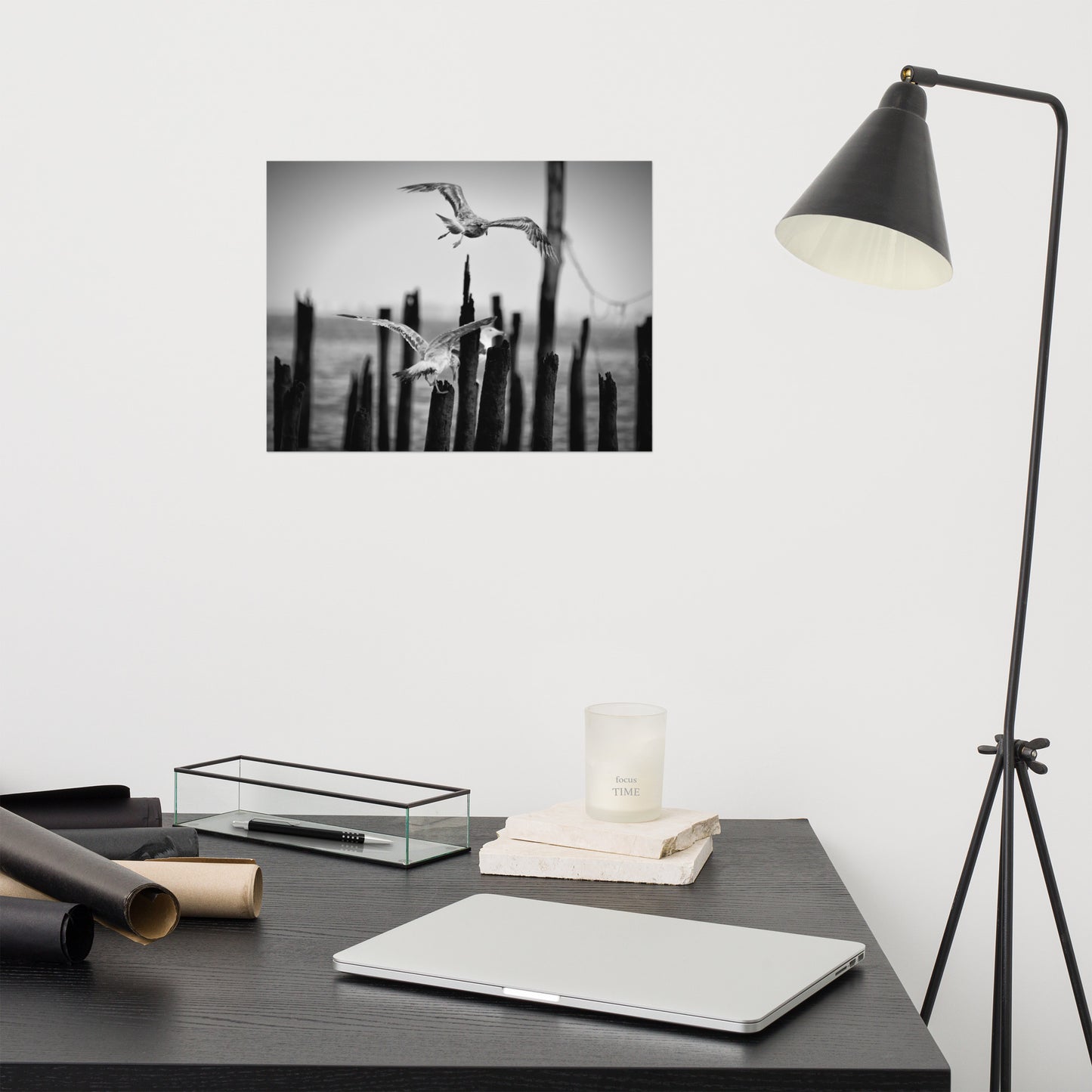 Flying Sea Gull in Black and White Moody Bird / Animal / Wildlife Photo Loose Wall Art Print