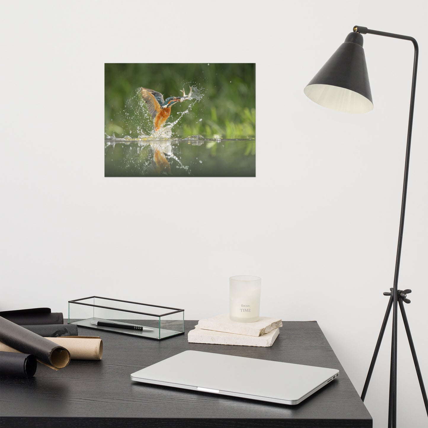 Flying Turquoise Blue and Orange Common Kingfisher Bird With Fish Loose Wall Art Print
