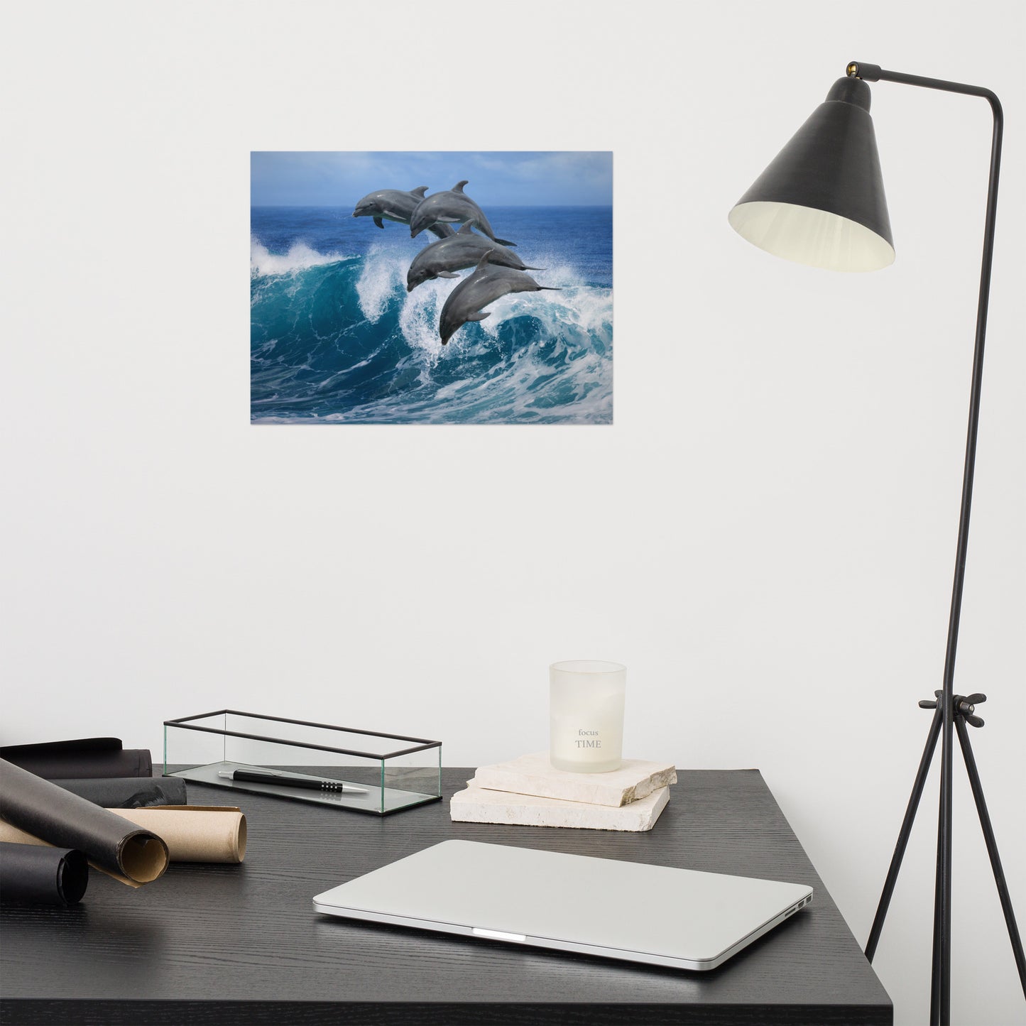 Four Bottle Noise Dolphins Jumping Waves In Tropical Blue Ocean Animal Wildlife Photograph Loose Wall Art Print