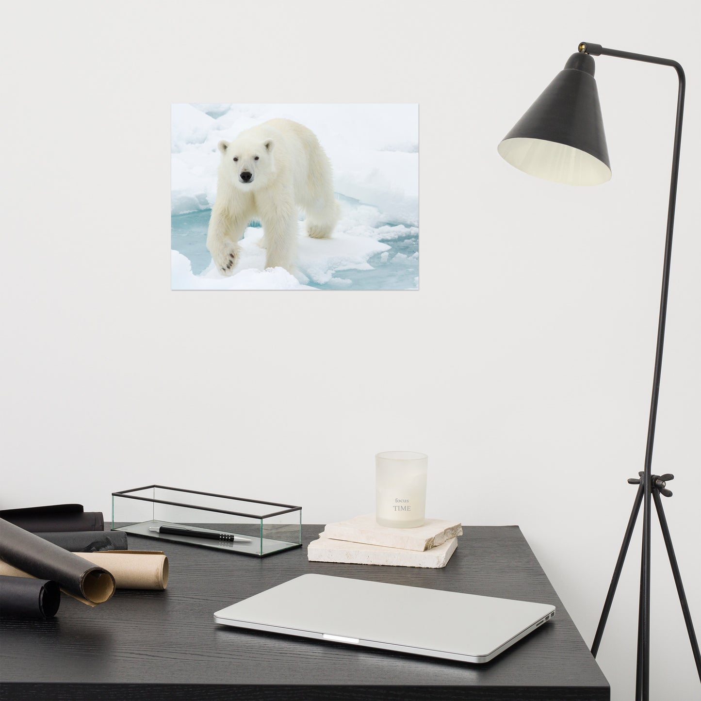 Giant White Polar Bear Walking On Icy Lake Winter Wildlife Photograph Loose Wall Art Print