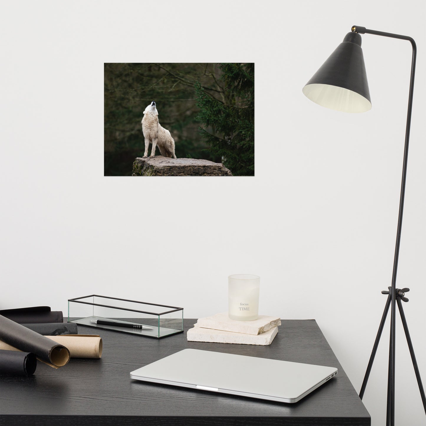 Howling White Wolf In The Forest Rustic Farmhouse Style Animal Wildlife Nature Photograph Loose Wall Art Print