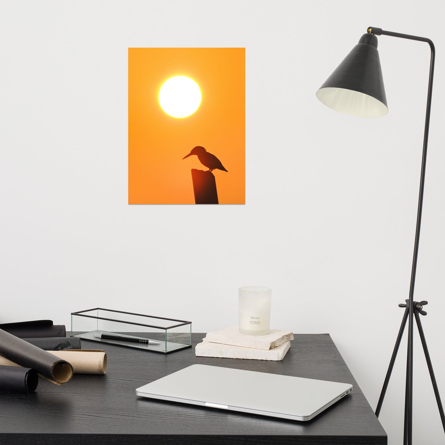 Kingfisher Bird Silhouette on Perch at Sunset Loose Wall Art Print