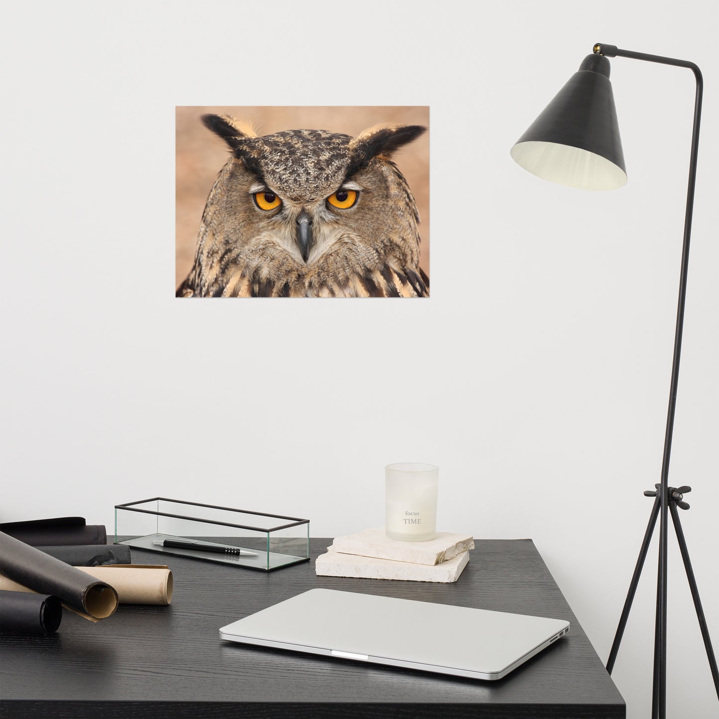 Close-up Yellow Eurasian Eagle Owl Rustic Bird / Animal / Wildlife Photo Loose Wall Art Print