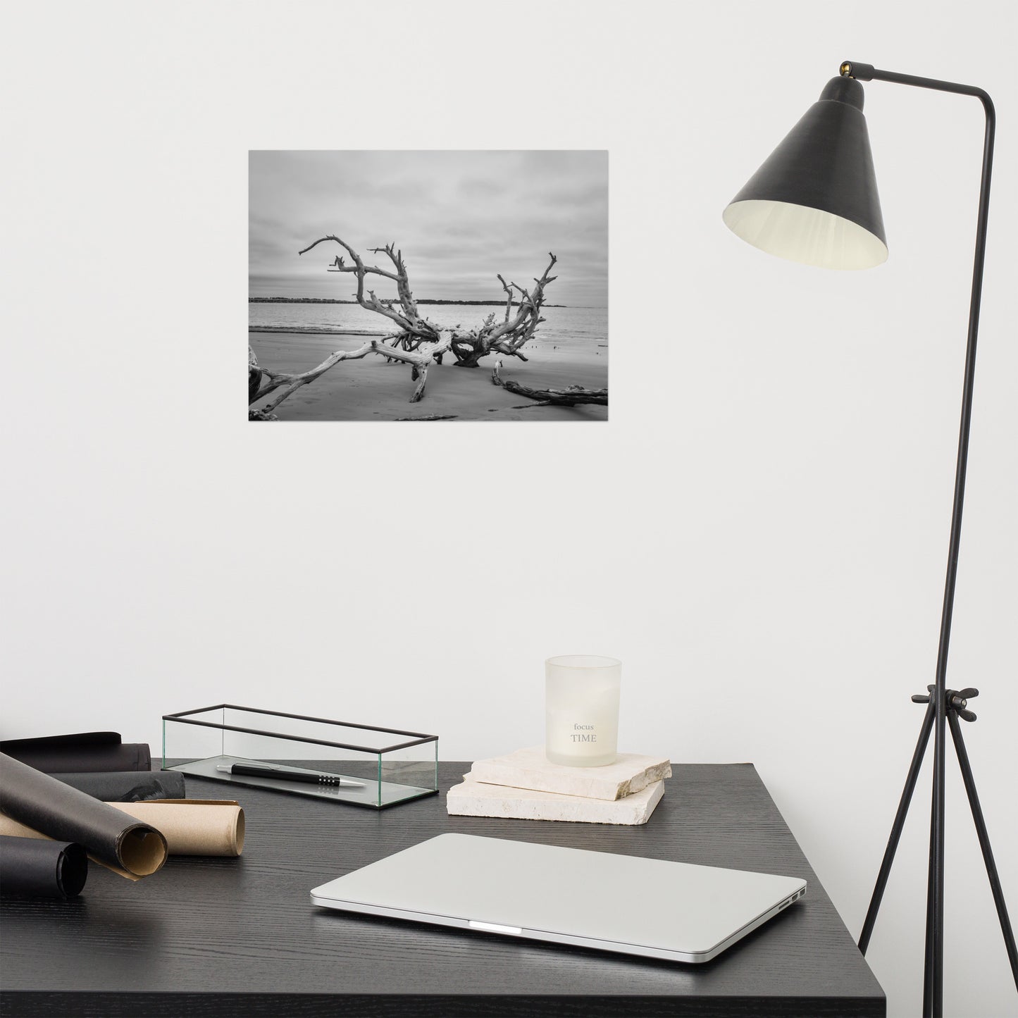 Driftwood on Boneyard Beach Florida 3 Black and White Rustic Coastal Landscape Photo - Loose Wall Art Print