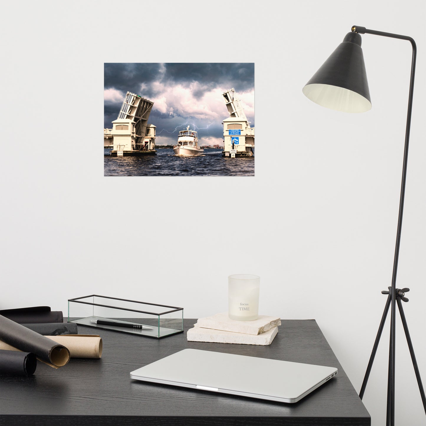 Stormy Drawbridge and Boat Racing Towards the Sun Coastal Landscape Photograph Loose Wall Art Print