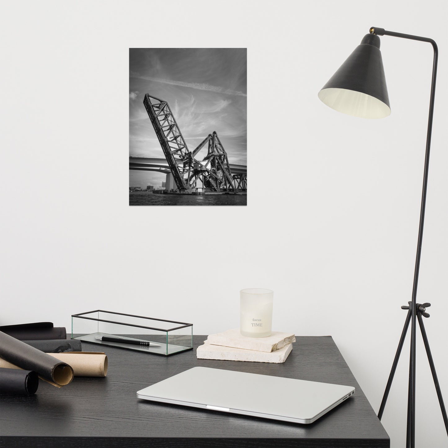 Train Drawbridge Jacksonville 2 Black and White Architectural / Industrial Photo Loose Wall Art Print