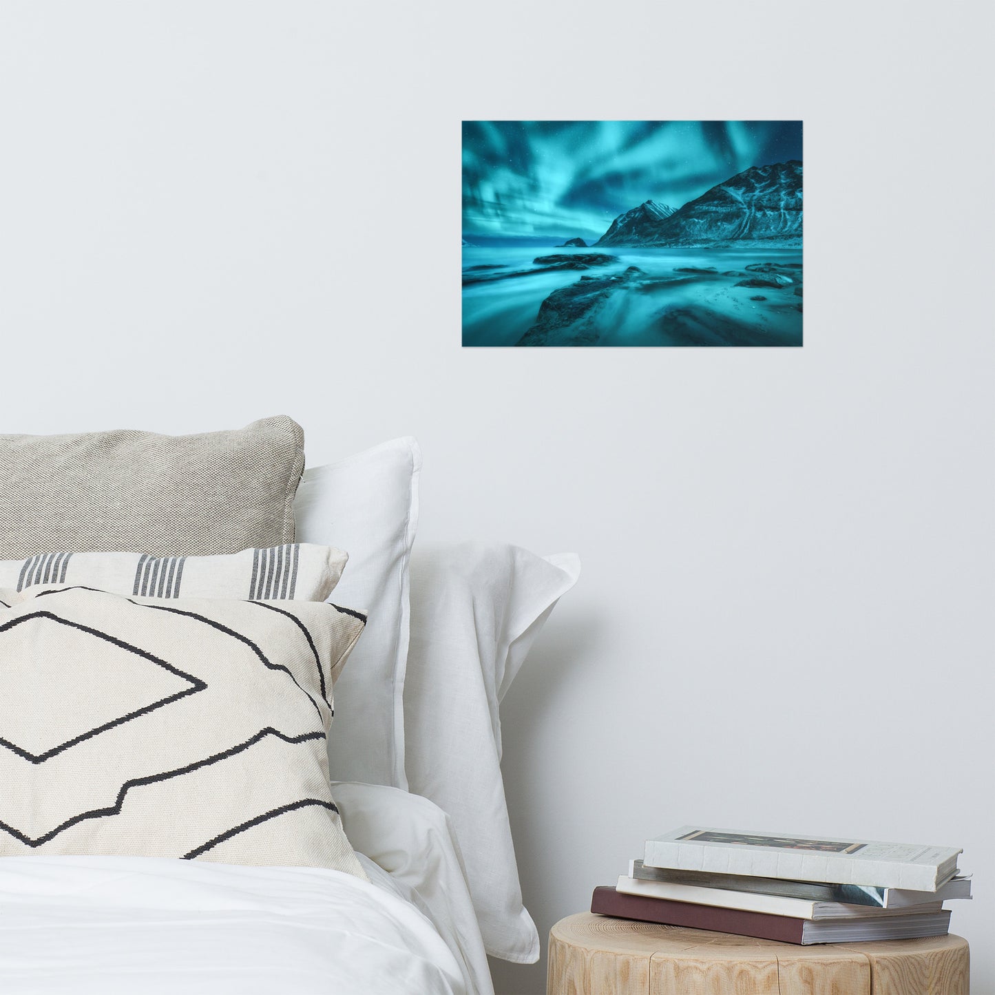 Blue Northern Lights and Mountain Coast Landscape Photo Loose Wall Art Prints