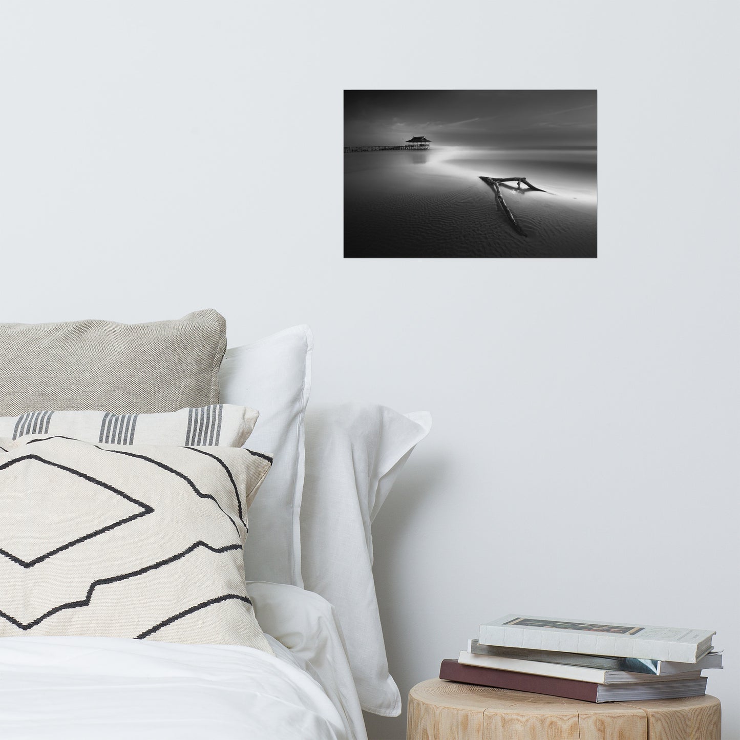 Dramatic Beach with Driftwood Black and White Coastal Landscape Photo Loose Wall Art Prints