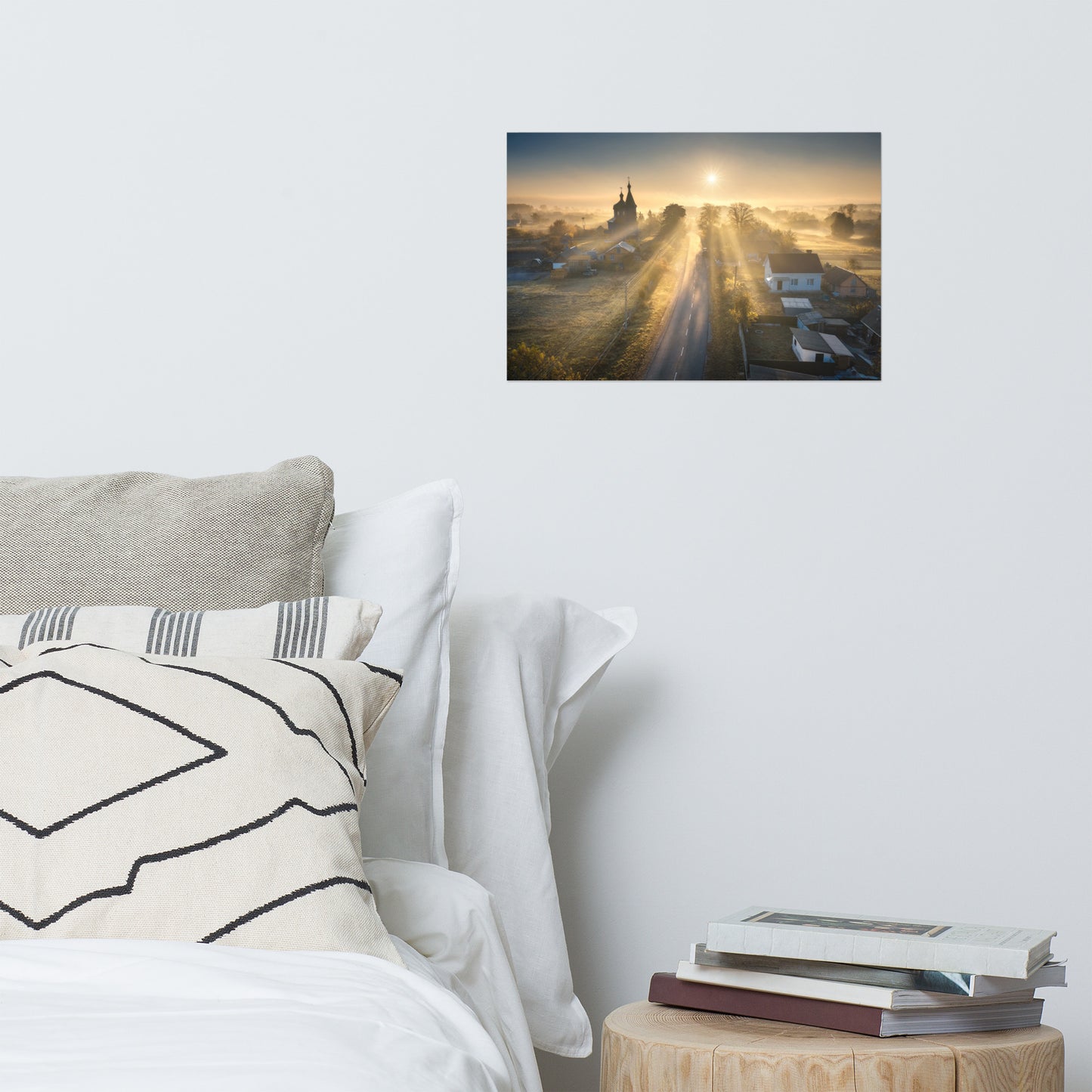 Misty Rural Town Sunrise in Autumn with Glory Rays Rustic Farmhouse Style Landscape Photo Loose Wall Art Prints