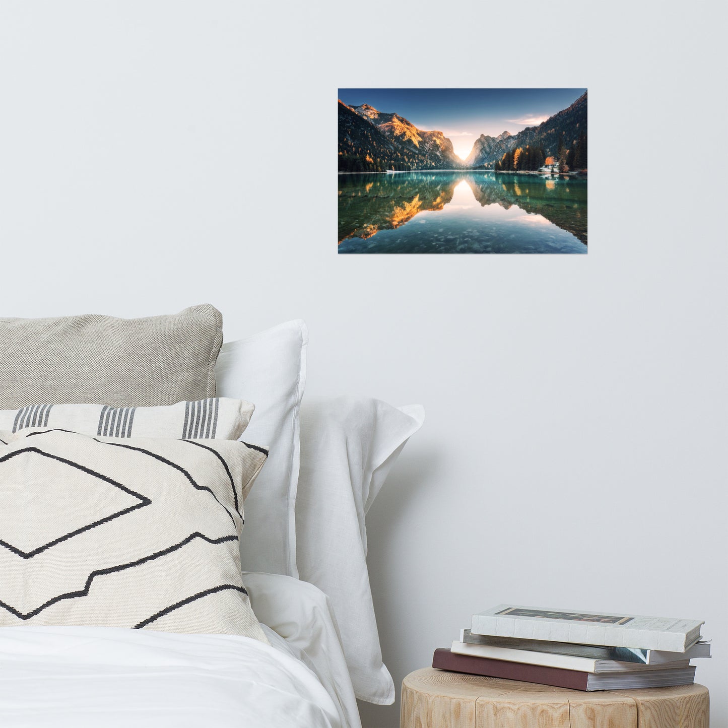 Sunrise Misty Mountain Lake Lively Color Effect Rustic Farmhouse Style Landscape Photo Loose Wall Art Prints