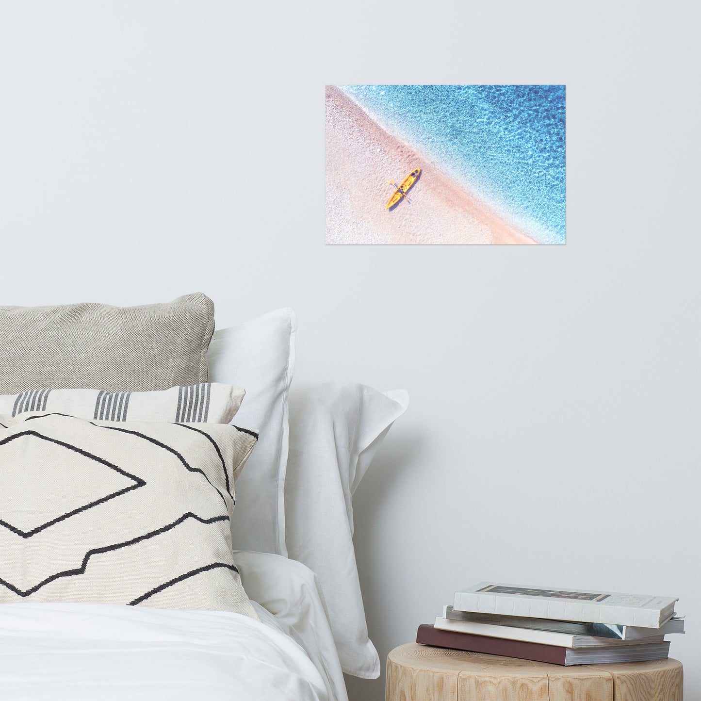 Yellow Canoe and Blue Sea by with Violet Glow Landscape Photo Loose Wall Art Prints