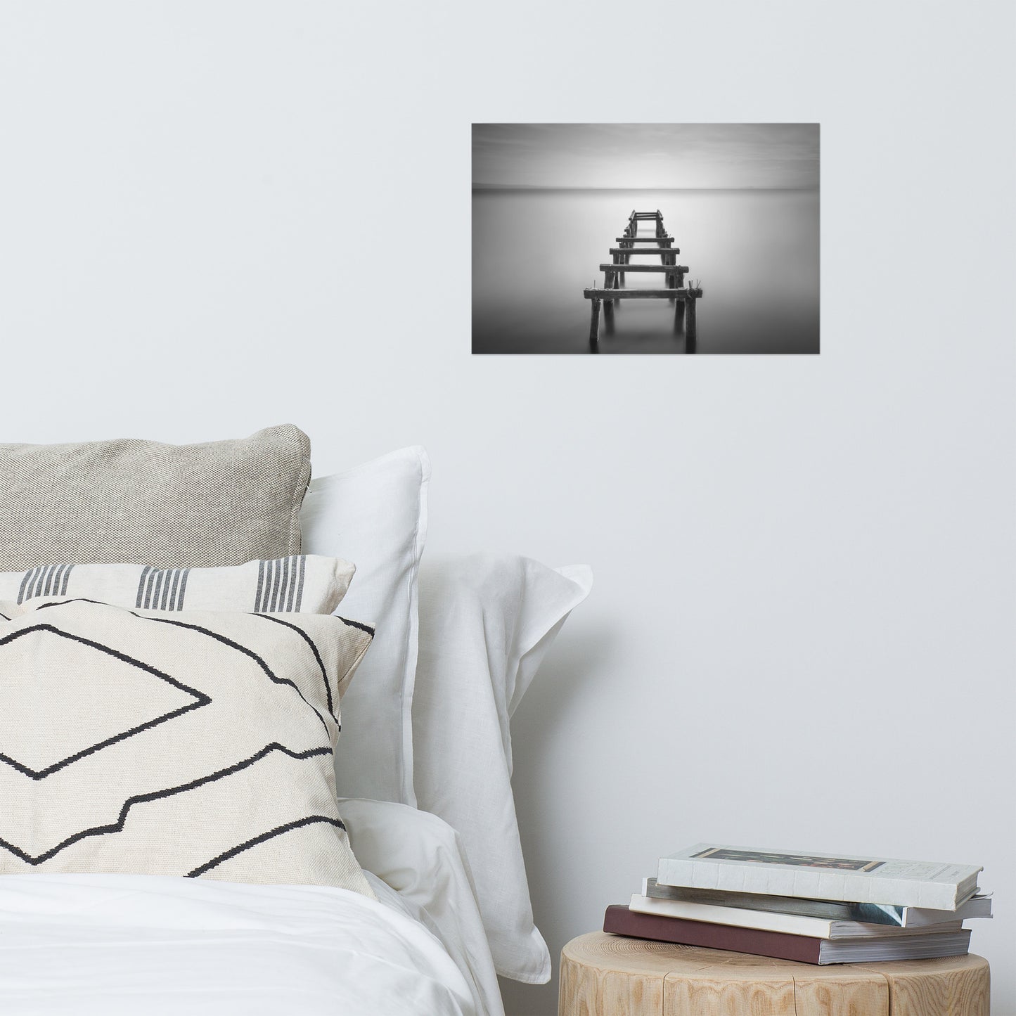 Soft Lake and Abandoned Pier Black and White Landscape Photo Loose Wall Art Prints