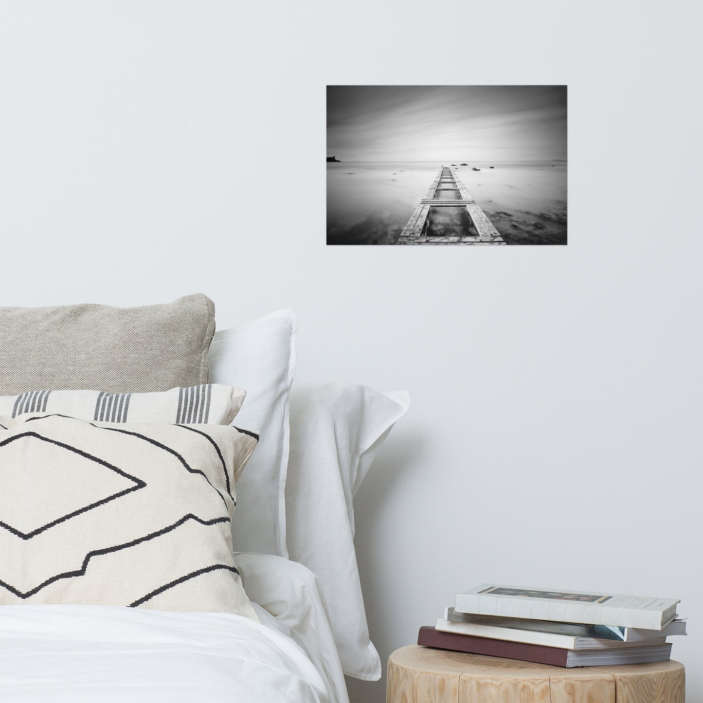 Moody Ocean and Sky Wooden Pier Black and White Coastal Landscape Photo Loose Wall Art Prints