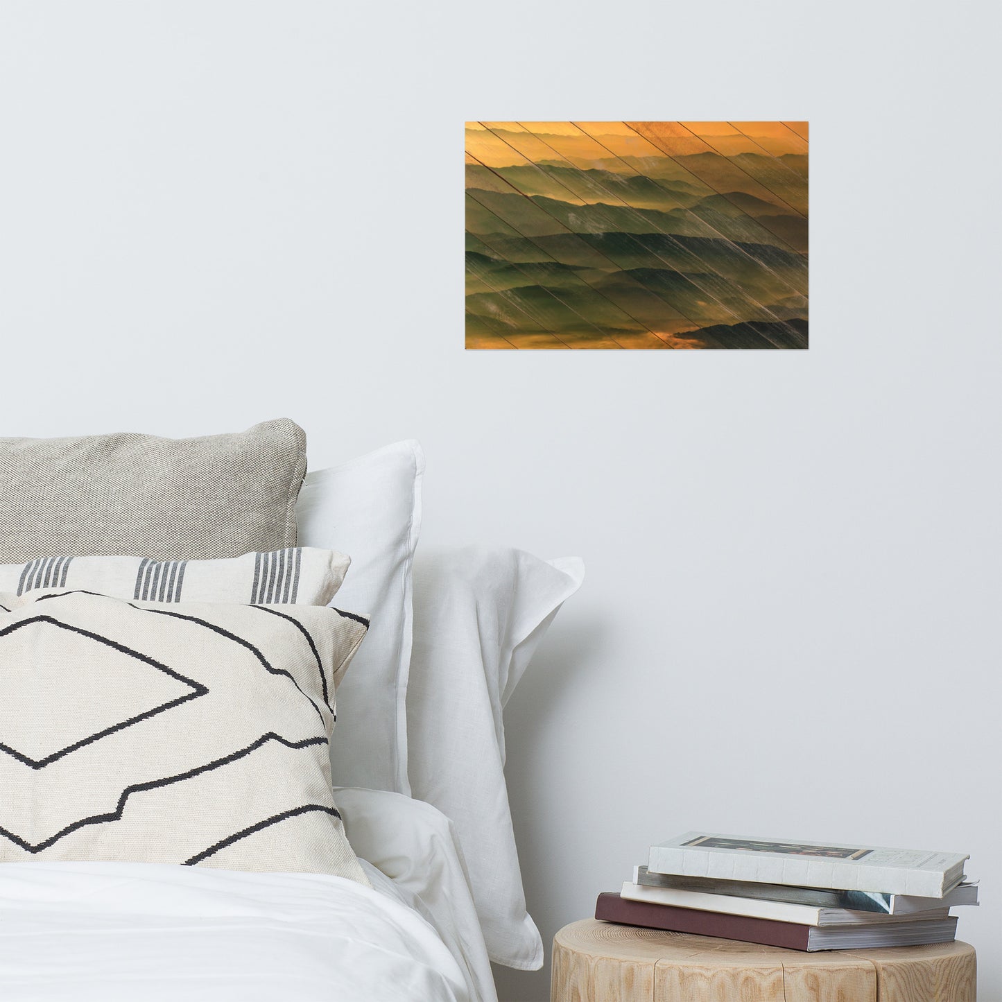 Faux Wood Foggy Mountain Layers at Sunset Farmhouse Style Landscape Photo Loose Wall Art Prints