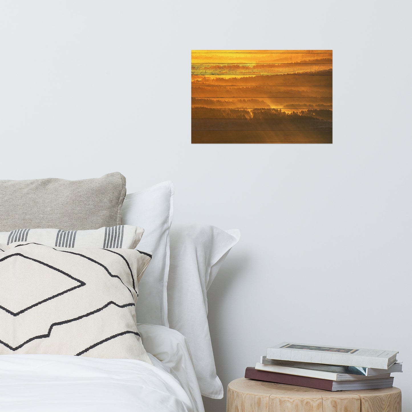 Faux Wood Golden Mist Valley - Hills & Mountain Range Farmhouse Style Landscape Photo Loose Wall Art Prints