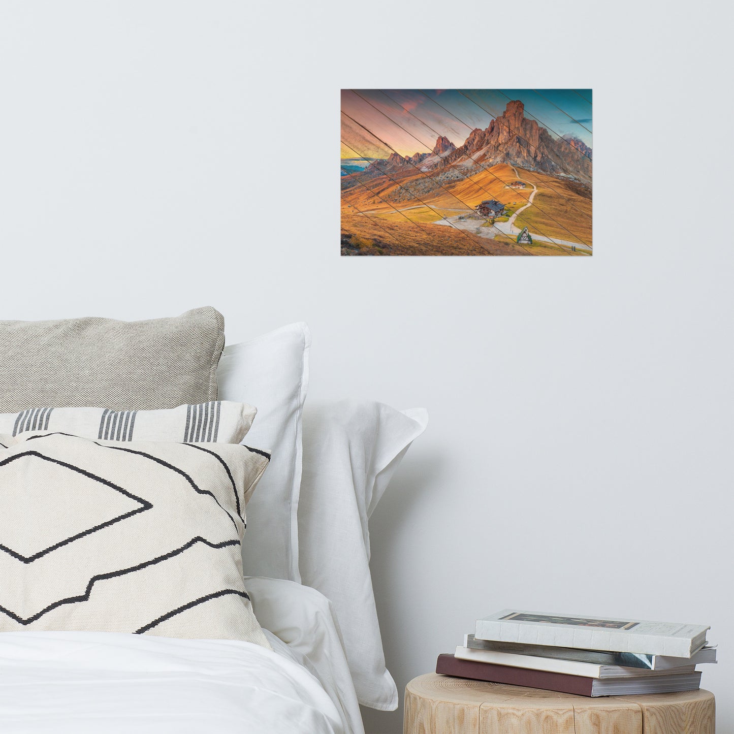 Faux Wood Majestic Sunset and Alpine Mountain Pass Landscape Photo Loose Wall Art Prints