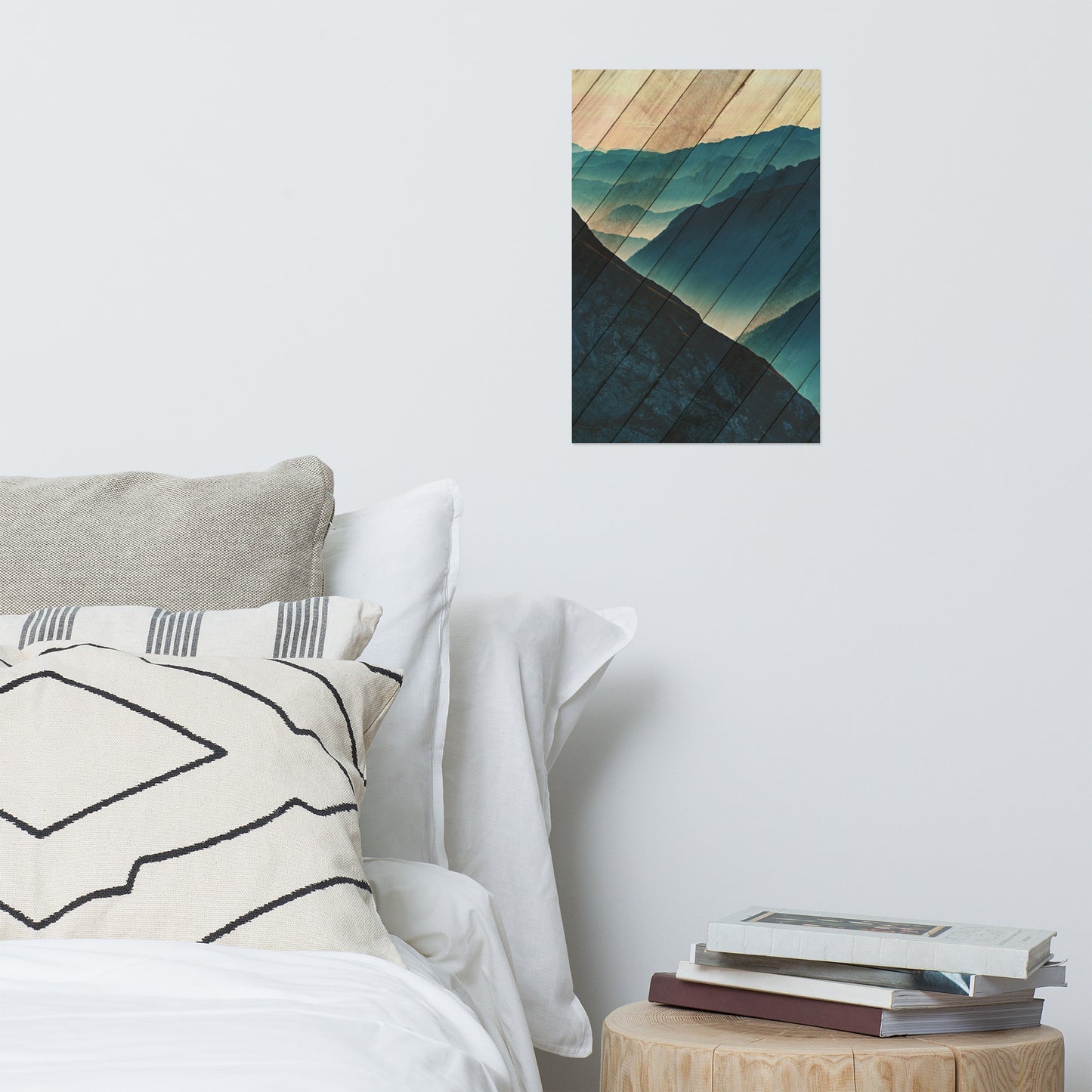 Faux Wood Misty Blue Silhouette Mountain Range Landscape Photo Loose Wall Art Print