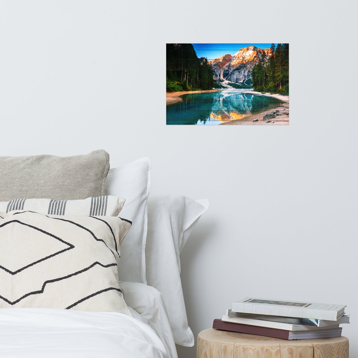 Faux Wood Misty Lake & Snowcap Mountain Reflections Loose Wall Art Prints