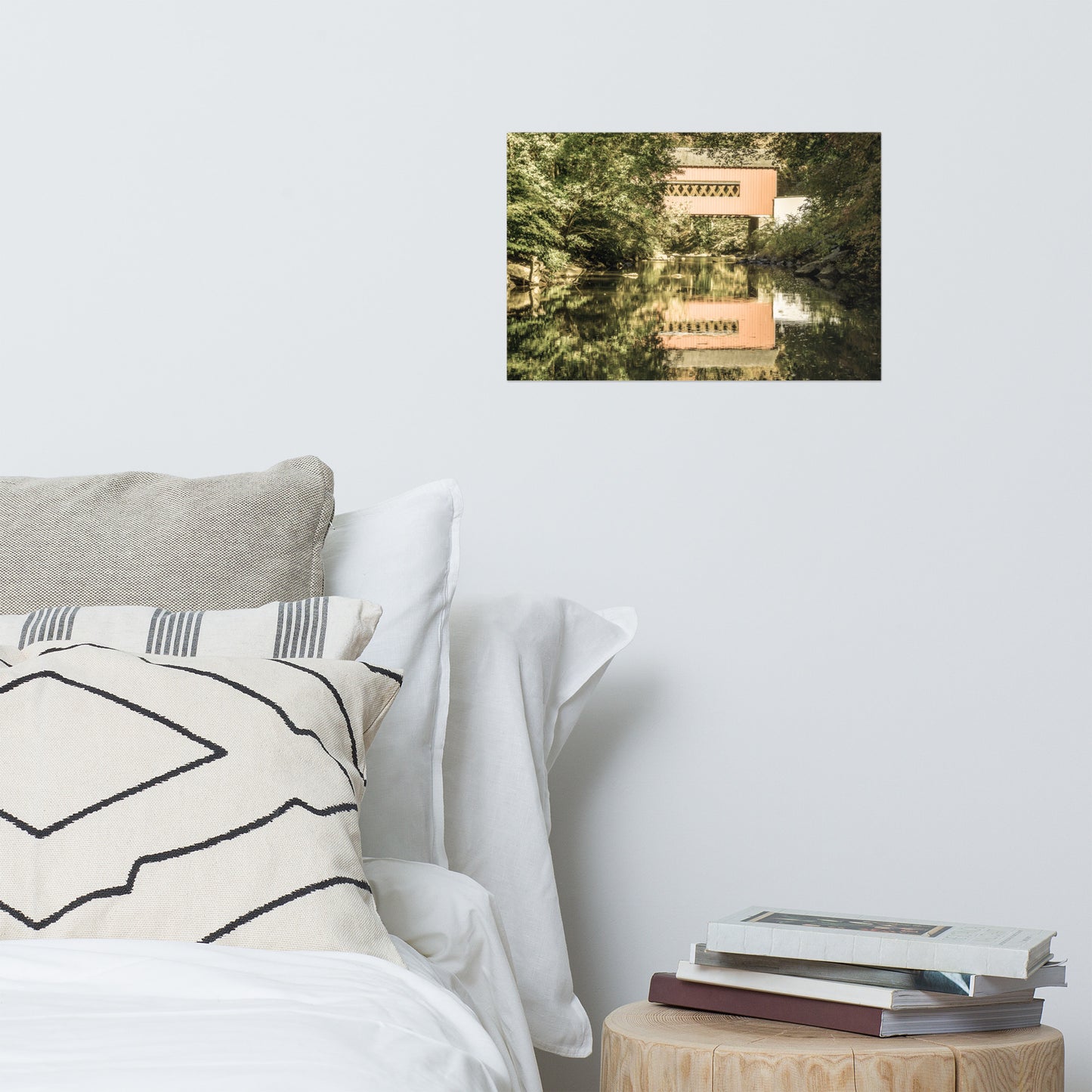 The Reflection of Wooddale Covered Bridge Aged Rustic Farmhouse Style Landscape Photo Loose Wall Art Prints