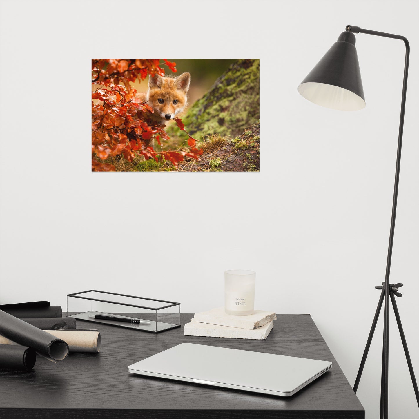 Woodland Nursery Art: Peek-A-Boo Baby Fox Pup And Fall Leaves - Animal / Wildlife / Nature Photograph / Loose / Frameable / Frameless / Unframed Wall Art Print Artwork - Wall Decor