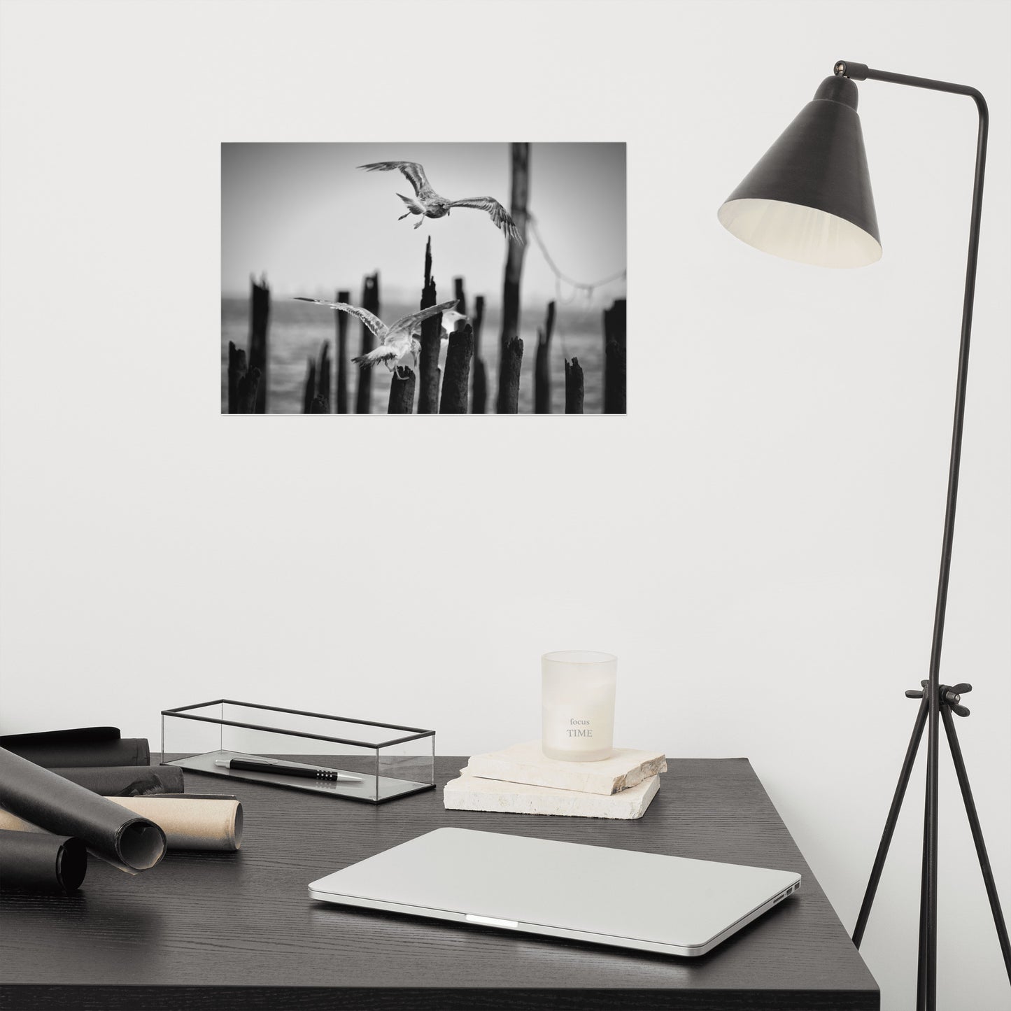 Flying Sea Gull in Black and White Moody Bird / Animal / Wildlife Photo Loose Wall Art Print