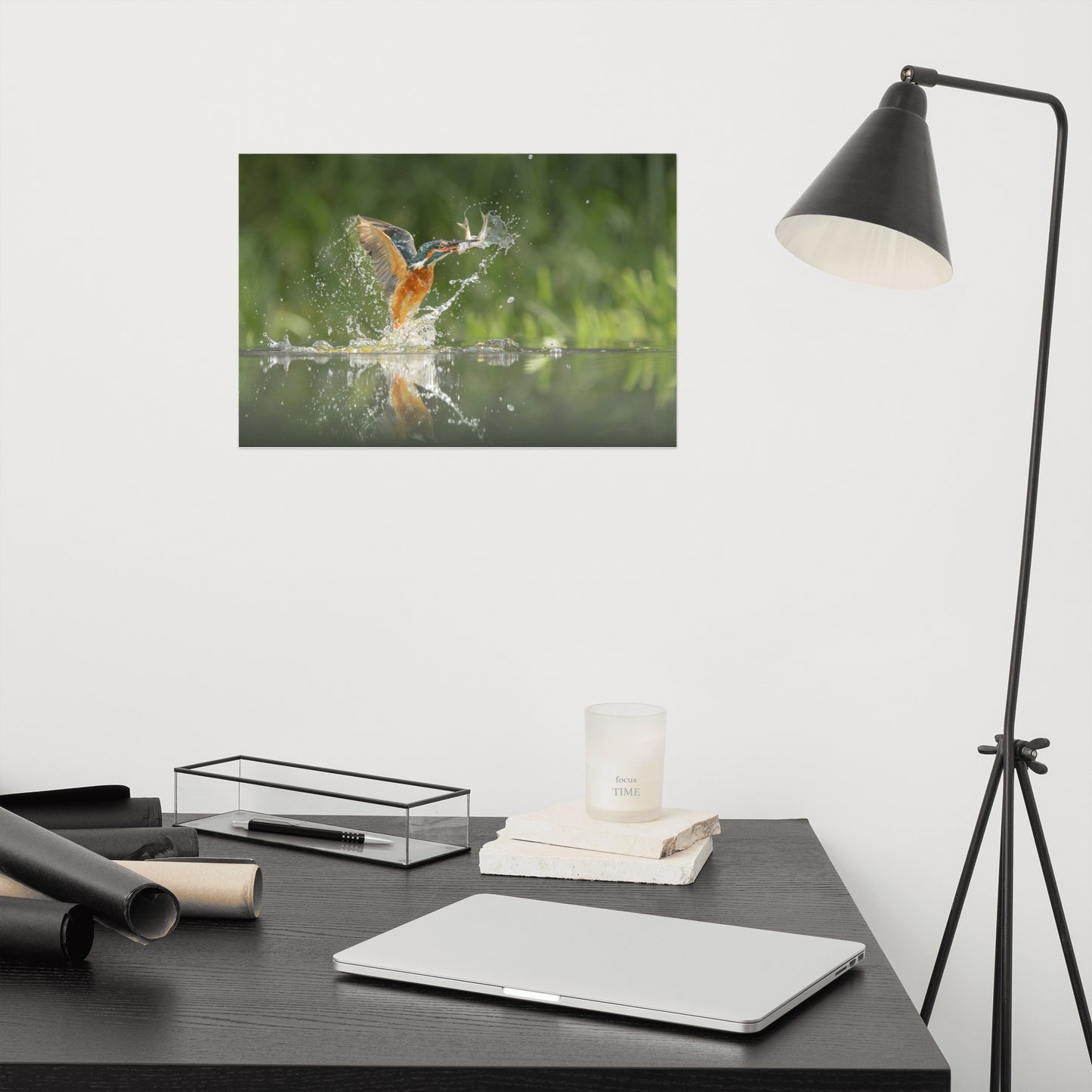 Flying Turquoise Blue and Orange Common Kingfisher Bird With Fish Loose Wall Art Print