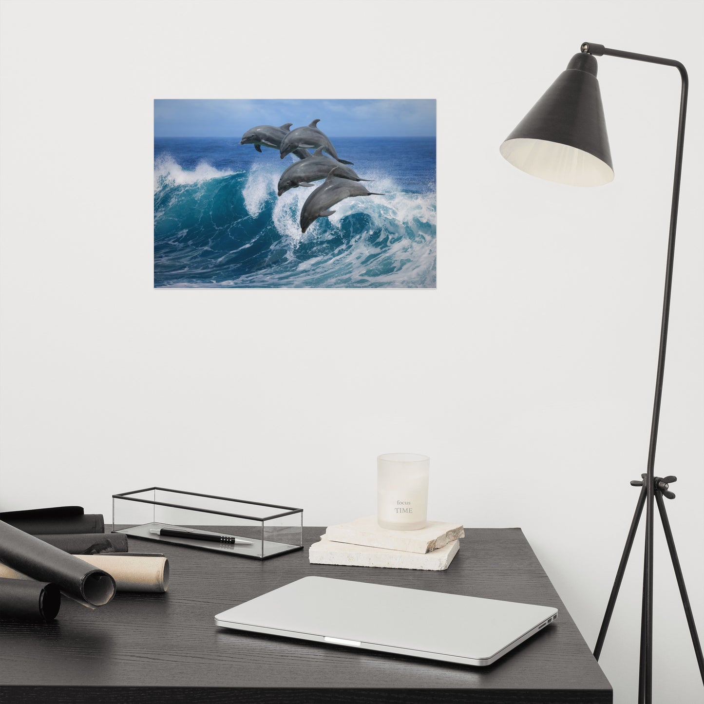 Four Bottle Noise Dolphins Jumping Waves In Tropical Blue Ocean Animal Wildlife Photograph Loose Wall Art Print