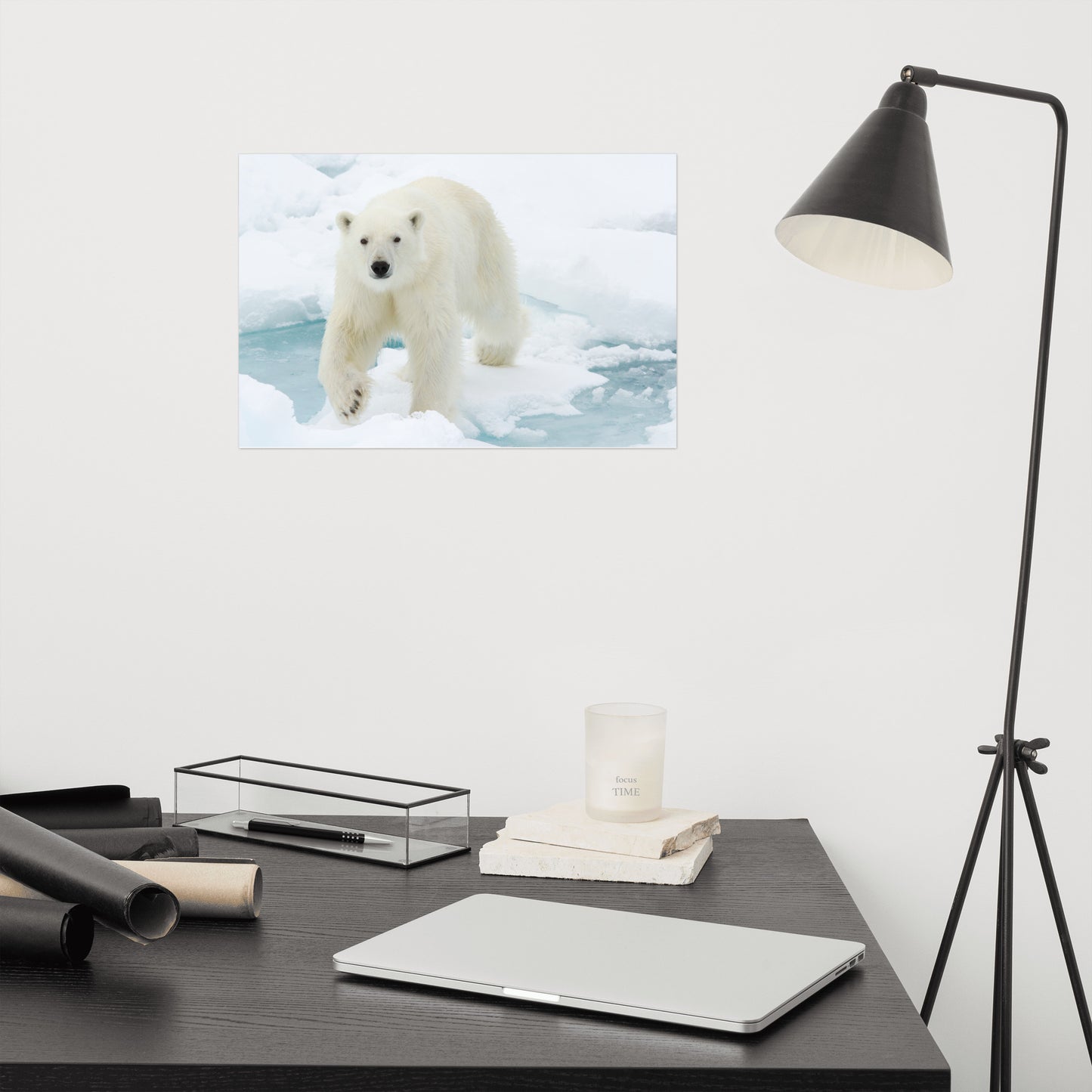 Giant White Polar Bear Walking On Icy Lake Winter Wildlife Photograph Loose Wall Art Print