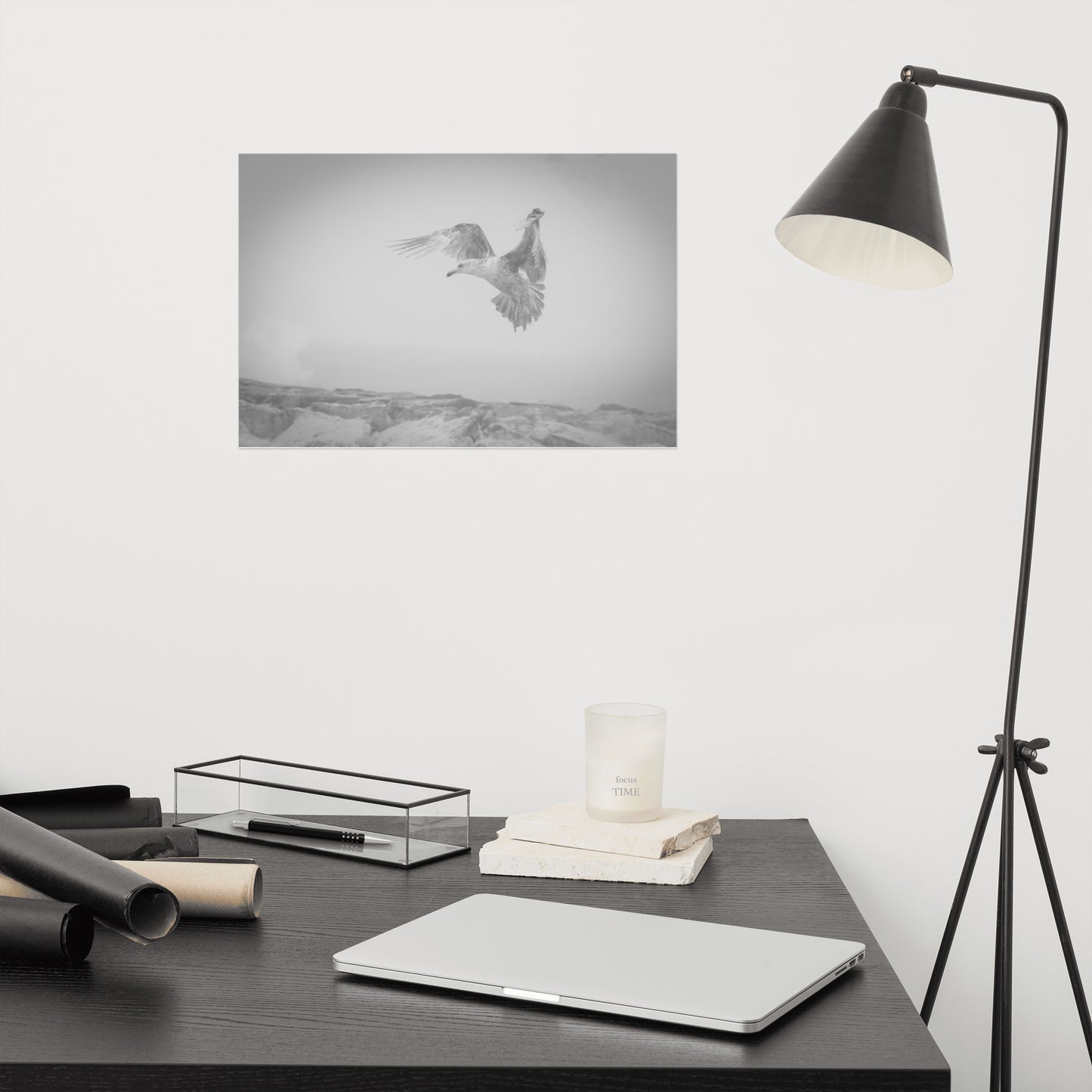 Gull in the Mist Black and White Bird / Animal / Wildlife Photograph Loose Wall Art Print