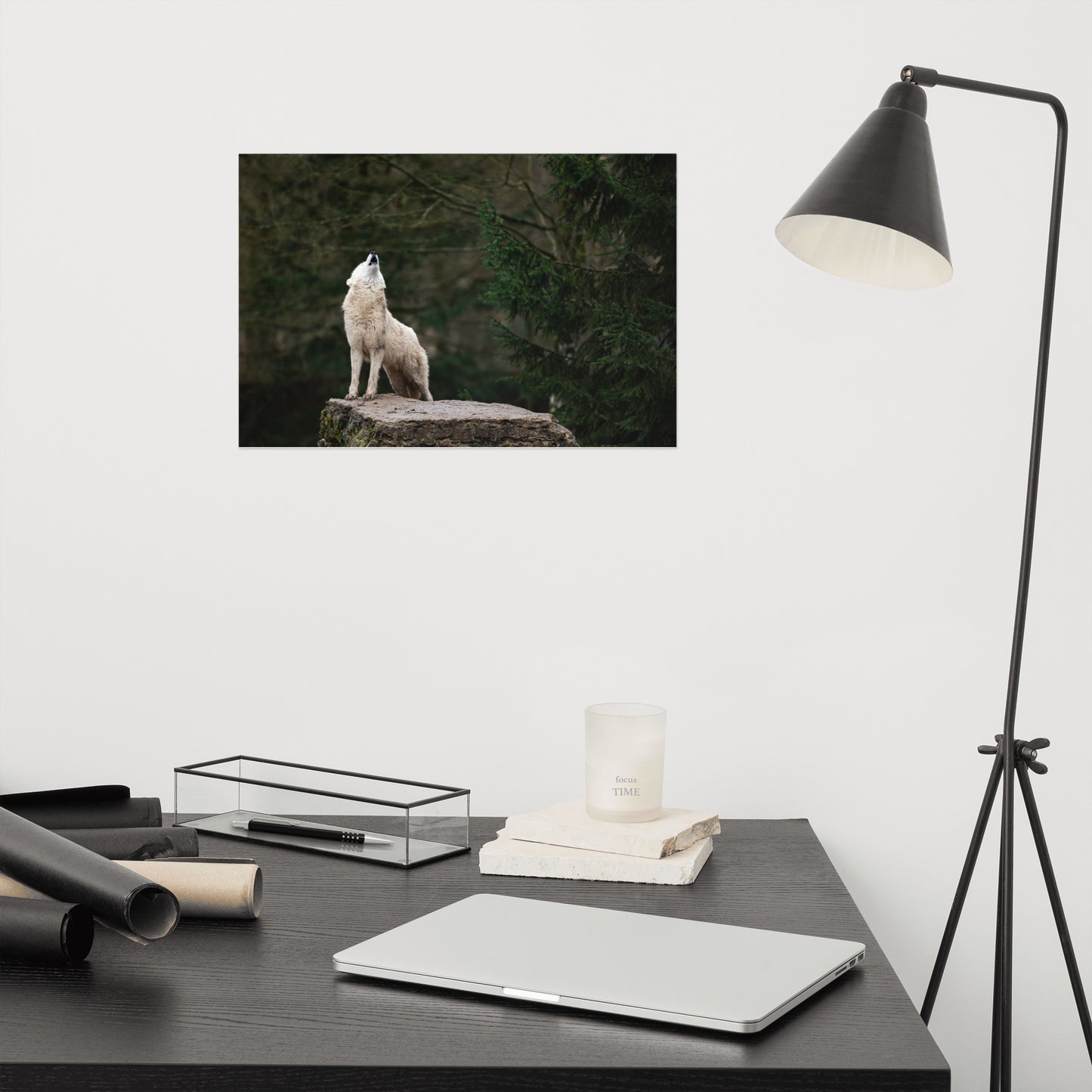 Howling White Wolf In The Forest Rustic Farmhouse Style Animal Wildlife Nature Photograph Loose Wall Art Print