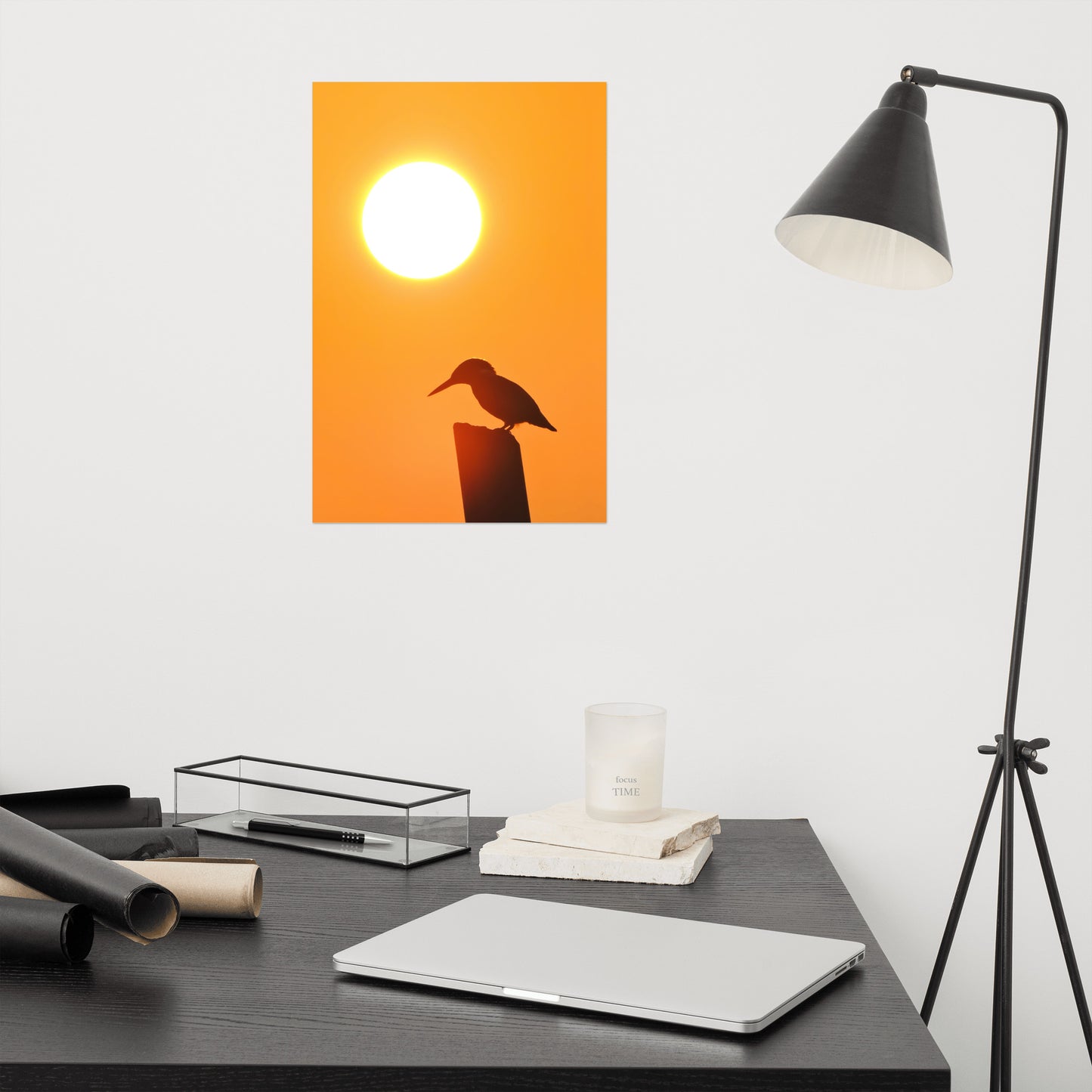 Kingfisher Bird Silhouette on Perch at Sunset Loose Wall Art Print