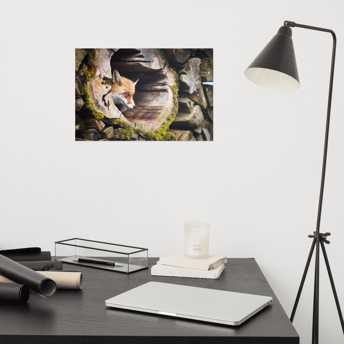 Young Red Fox Face In Mossy Stump Animal Wildlife Rustic Farmhouse Style Nature Photograph Loose Wall Art Print