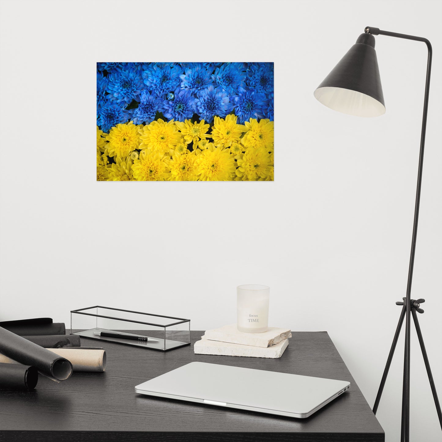 Blue and Yellow Chrysanthemums Nature Photo For Ukraine Refugees Loose Wall Art Print
