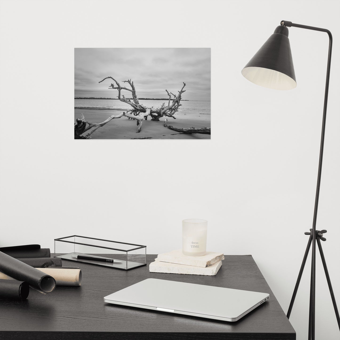 Driftwood on Boneyard Beach Florida 3 Black and White Rustic Coastal Landscape Photo - Loose Wall Art Print