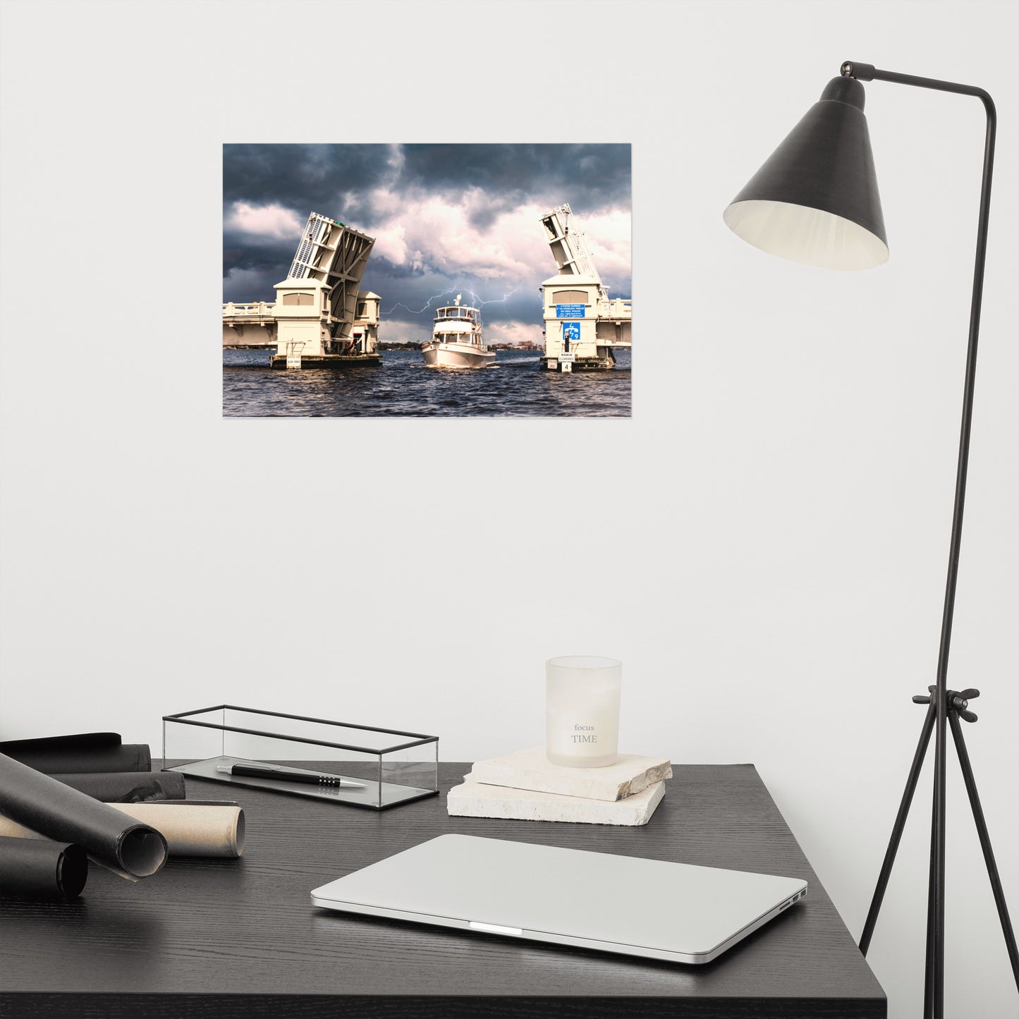 Stormy Drawbridge and Boat Racing Towards the Sun Coastal Landscape Photograph Loose Wall Art Print