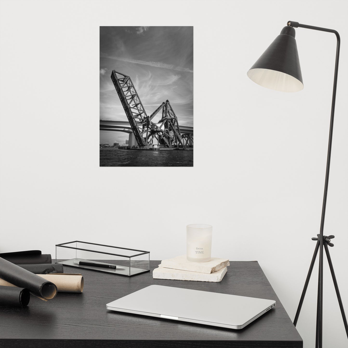 Train Drawbridge Jacksonville 2 Black and White Architectural / Industrial Photo Loose Wall Art Print