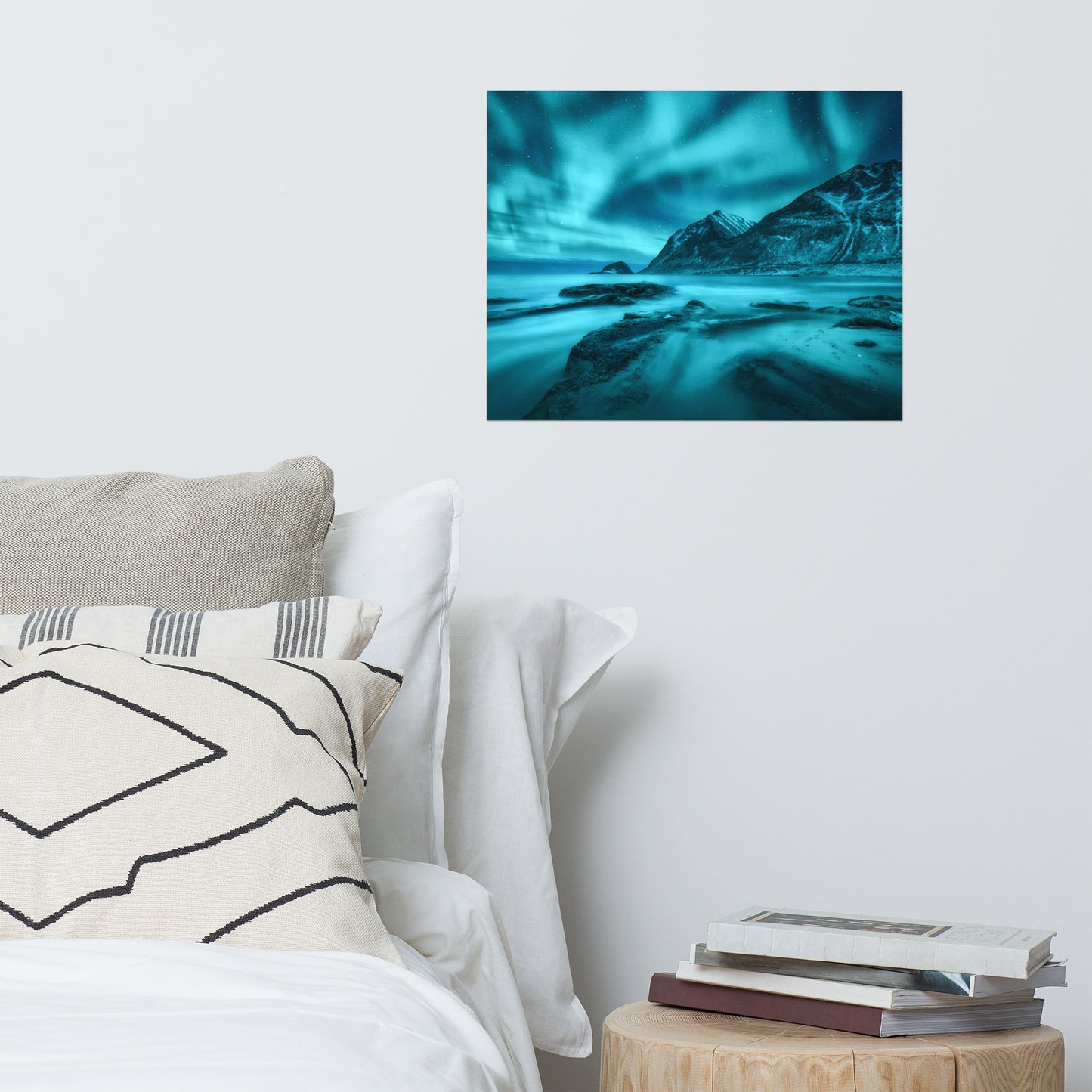 Blue Northern Lights and Mountain Coast Landscape Photo Loose Wall Art Prints