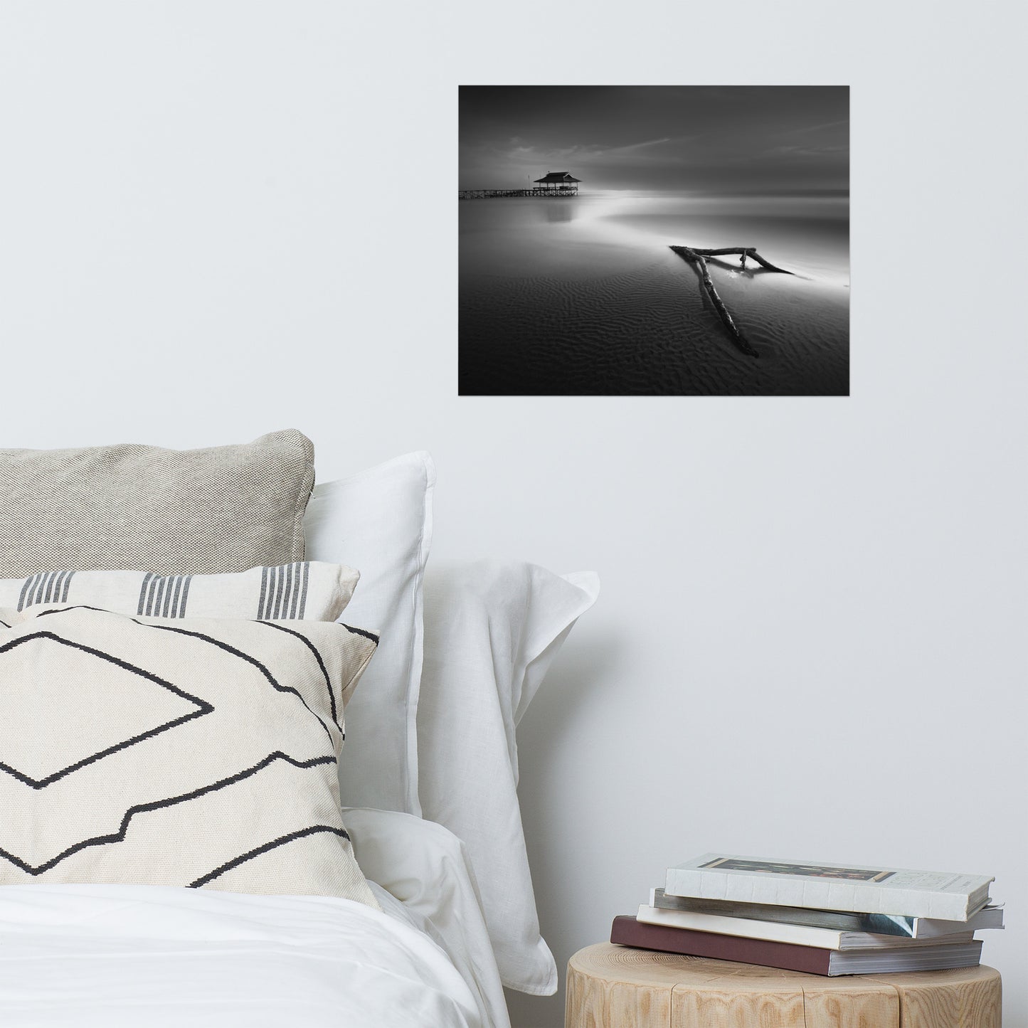 Dramatic Beach with Driftwood Black and White Coastal Landscape Photo Loose Wall Art Prints