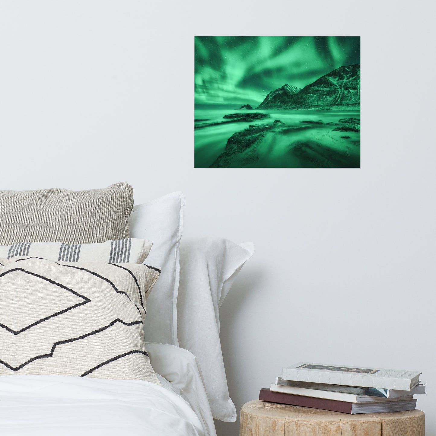 Green Northern Lights and Mountain Coast Landscape Photo Loose Wall Art Prints