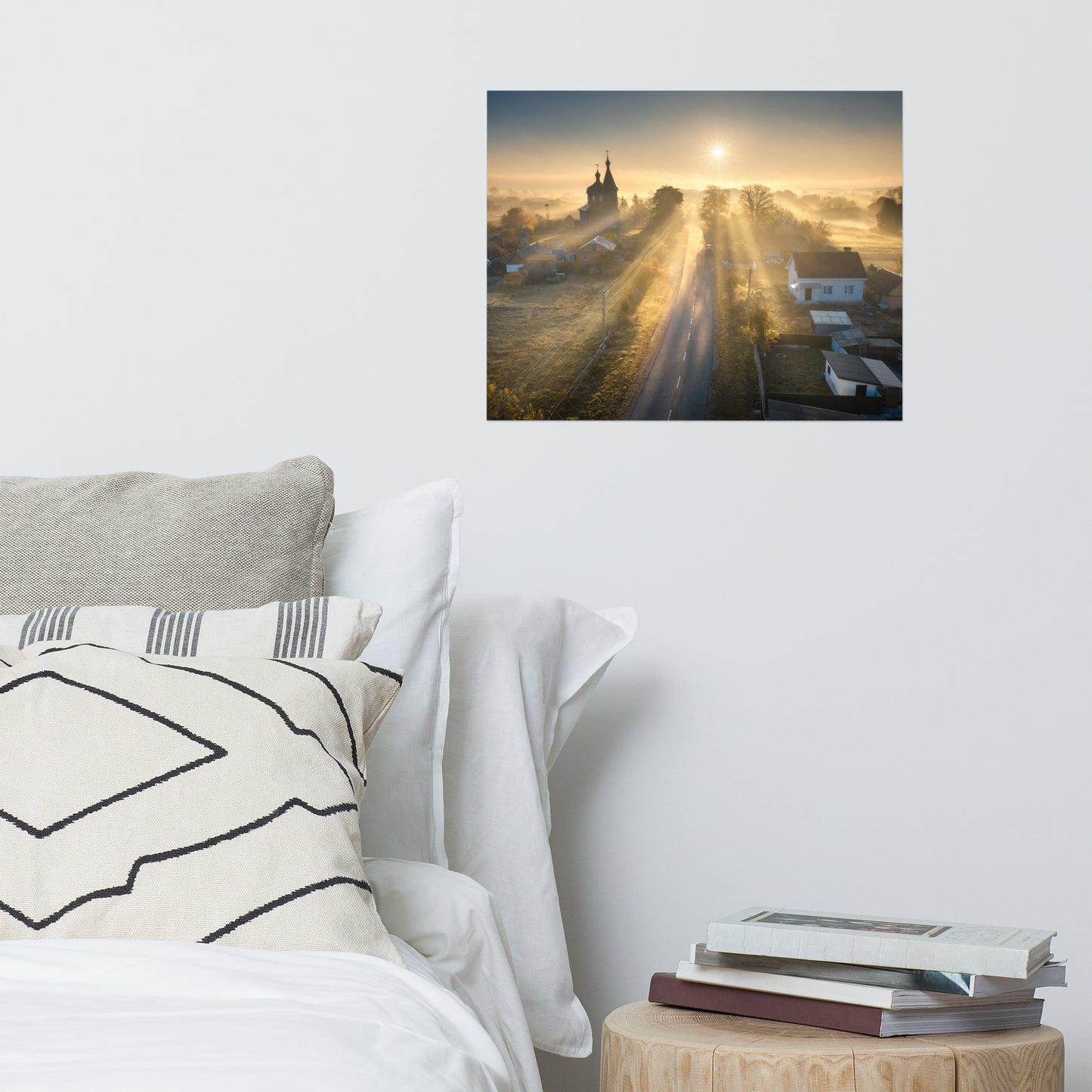 Misty Rural Town Sunrise in Autumn with Glory Rays Rustic Farmhouse Style Landscape Photo Loose Wall Art Prints