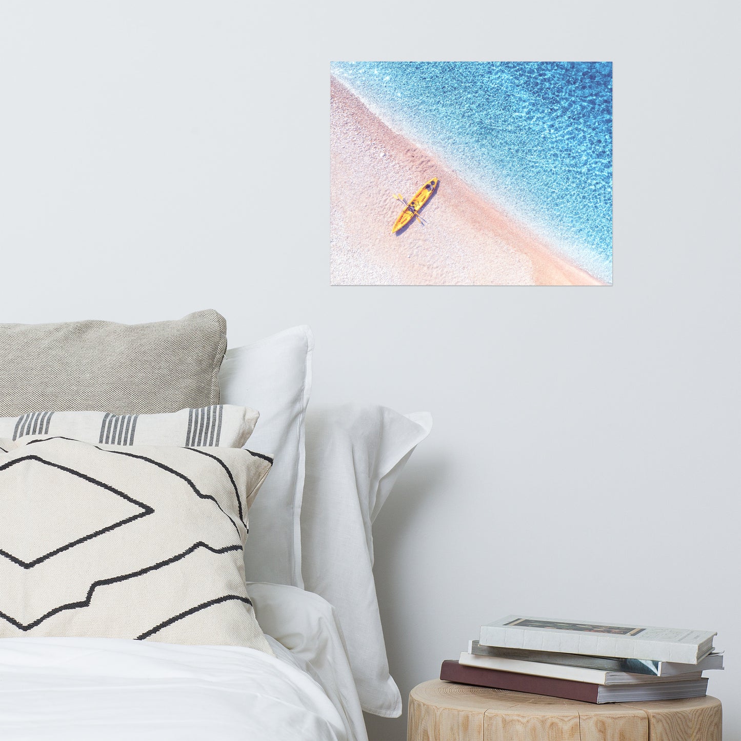 Yellow Canoe and Blue Sea by with Violet Glow Landscape Photo Loose Wall Art Prints