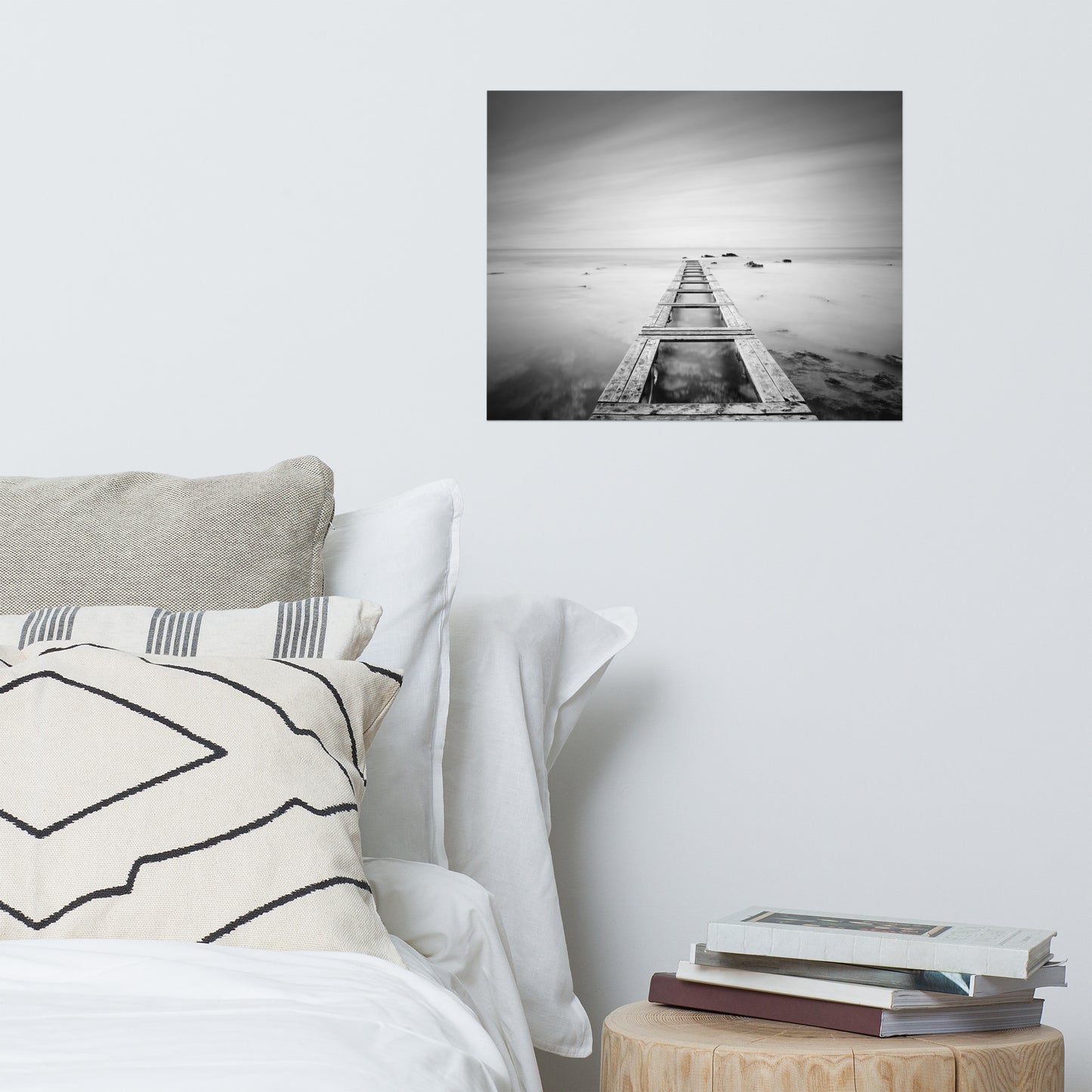 Moody Ocean and Sky Wooden Pier Black and White Coastal Landscape Photo Loose Wall Art Prints