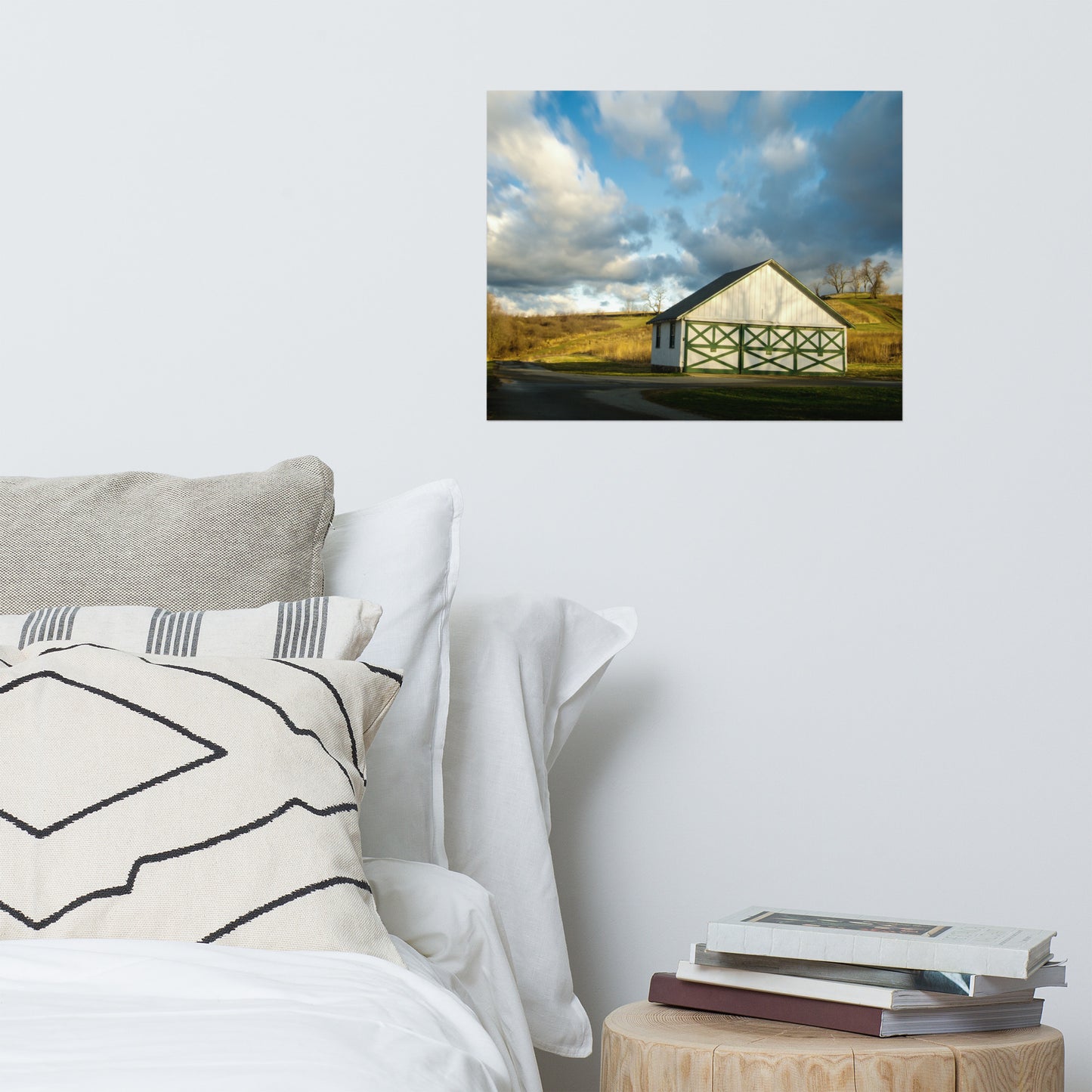 Neutral Bedroom Wall Decor: White and Green Barn in Meadow Rustic - Rural / Country Style Landscape / Nature Photograph Loose / Unframed / Frameable / Frameless Wall Art Print - Artwork