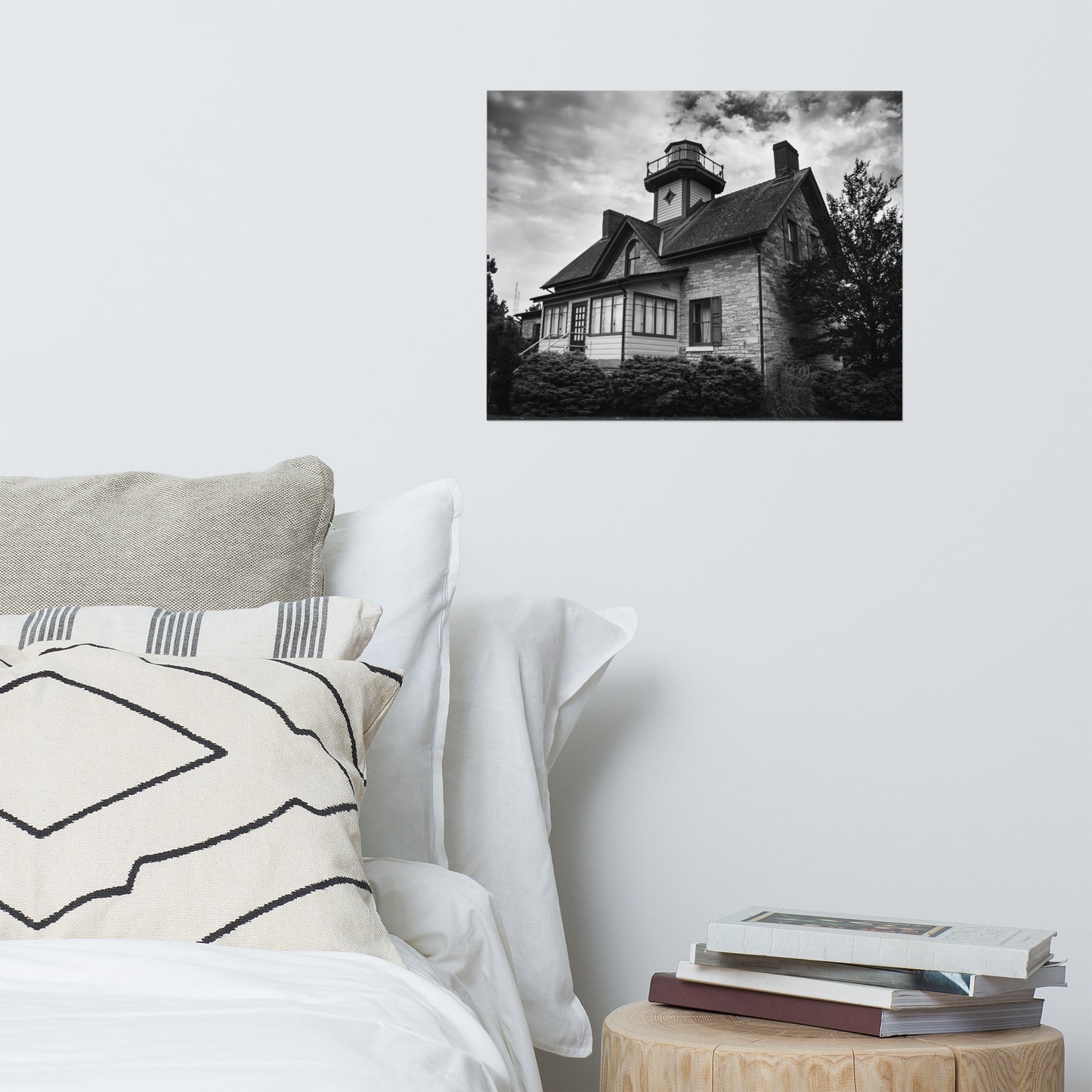 Cedar Point Lighthouse in Black and White Landscape Photo Loose Wall Art Prints