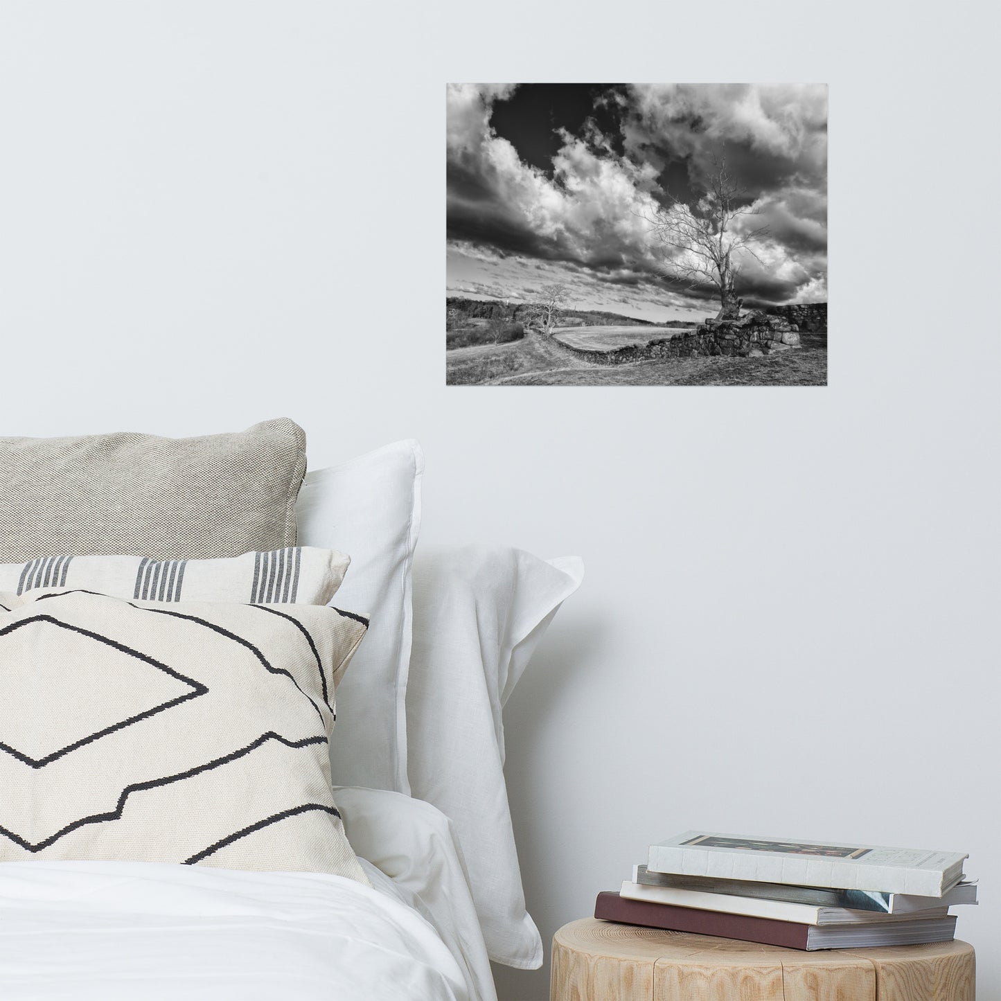 Dead Tree and Stone Wall Black and White Rustic Landscape Photo Loose Wall Art Prints