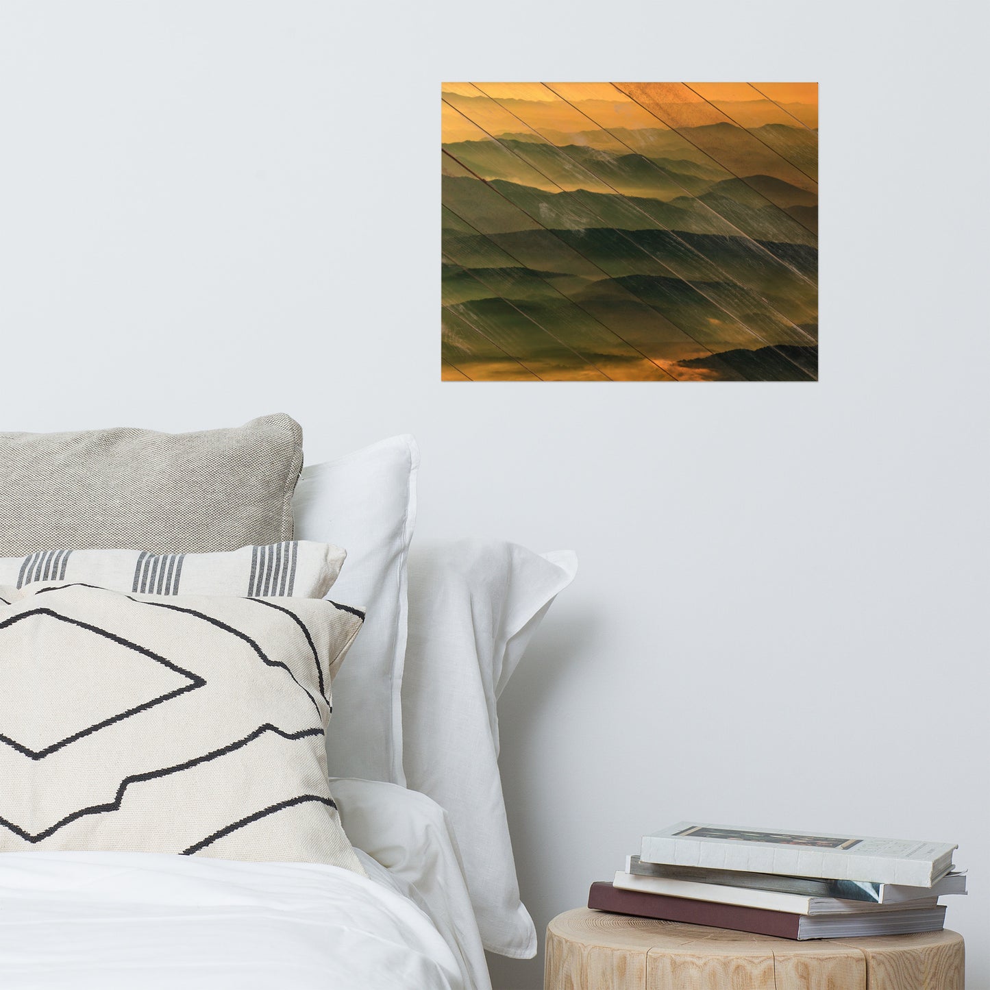 Faux Wood Foggy Mountain Layers at Sunset Farmhouse Style Landscape Photo Loose Wall Art Prints