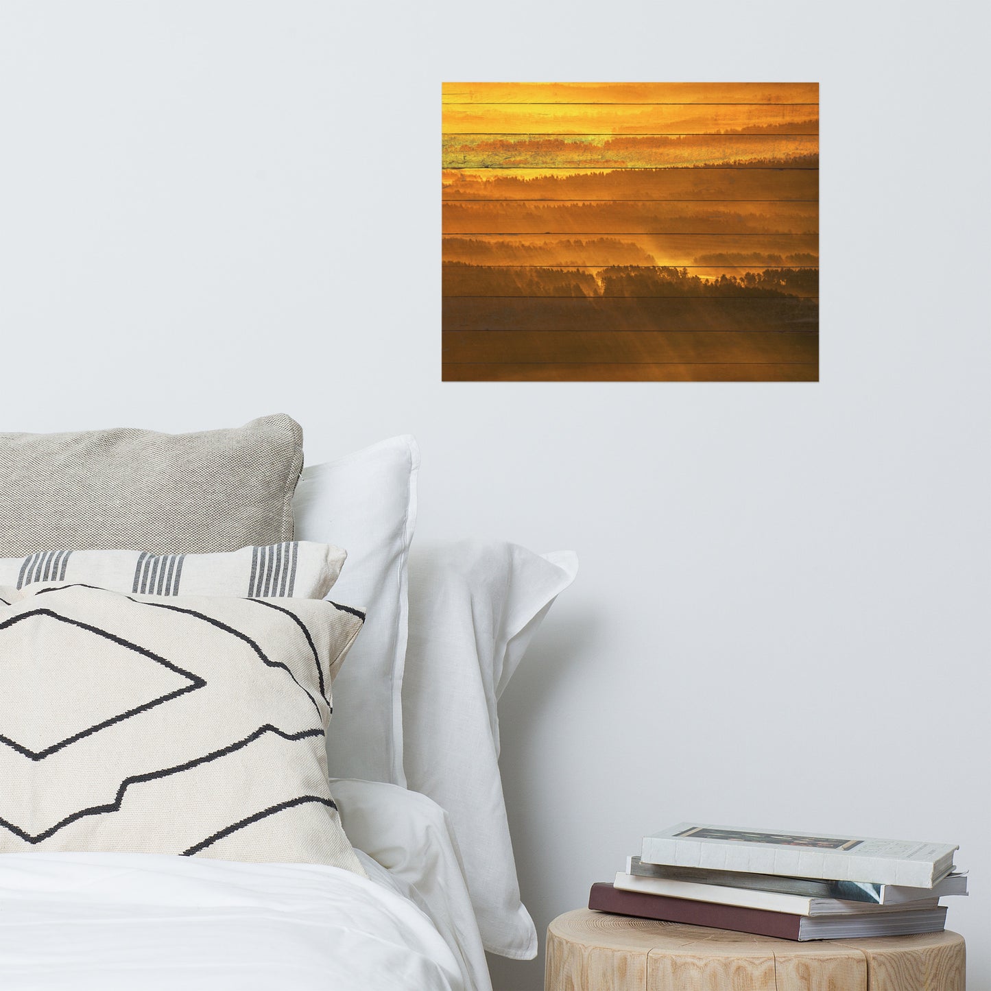 Faux Wood Golden Mist Valley - Hills & Mountain Range Farmhouse Style Landscape Photo Loose Wall Art Prints