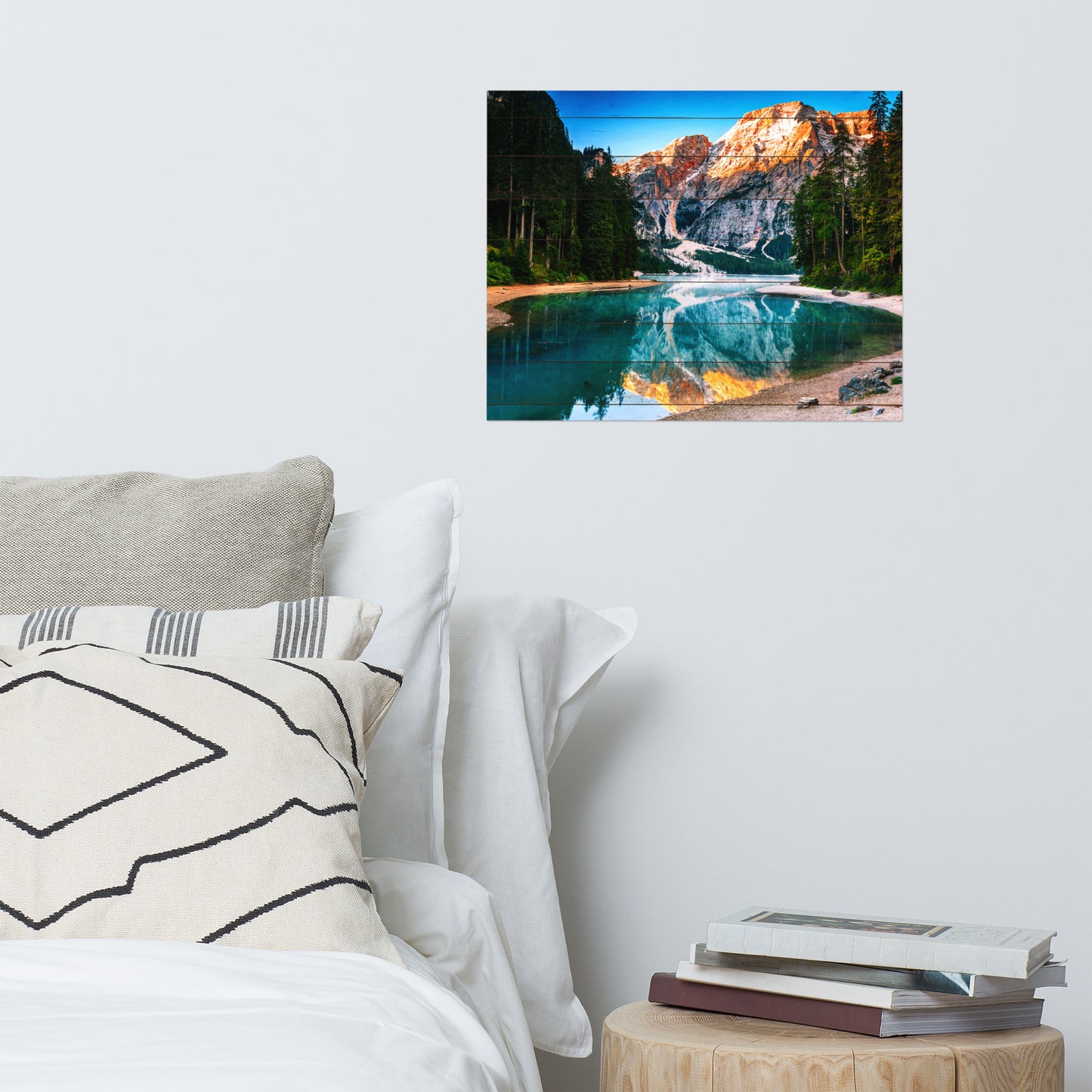 Faux Wood Misty Lake & Snowcap Mountain Reflections Loose Wall Art Prints