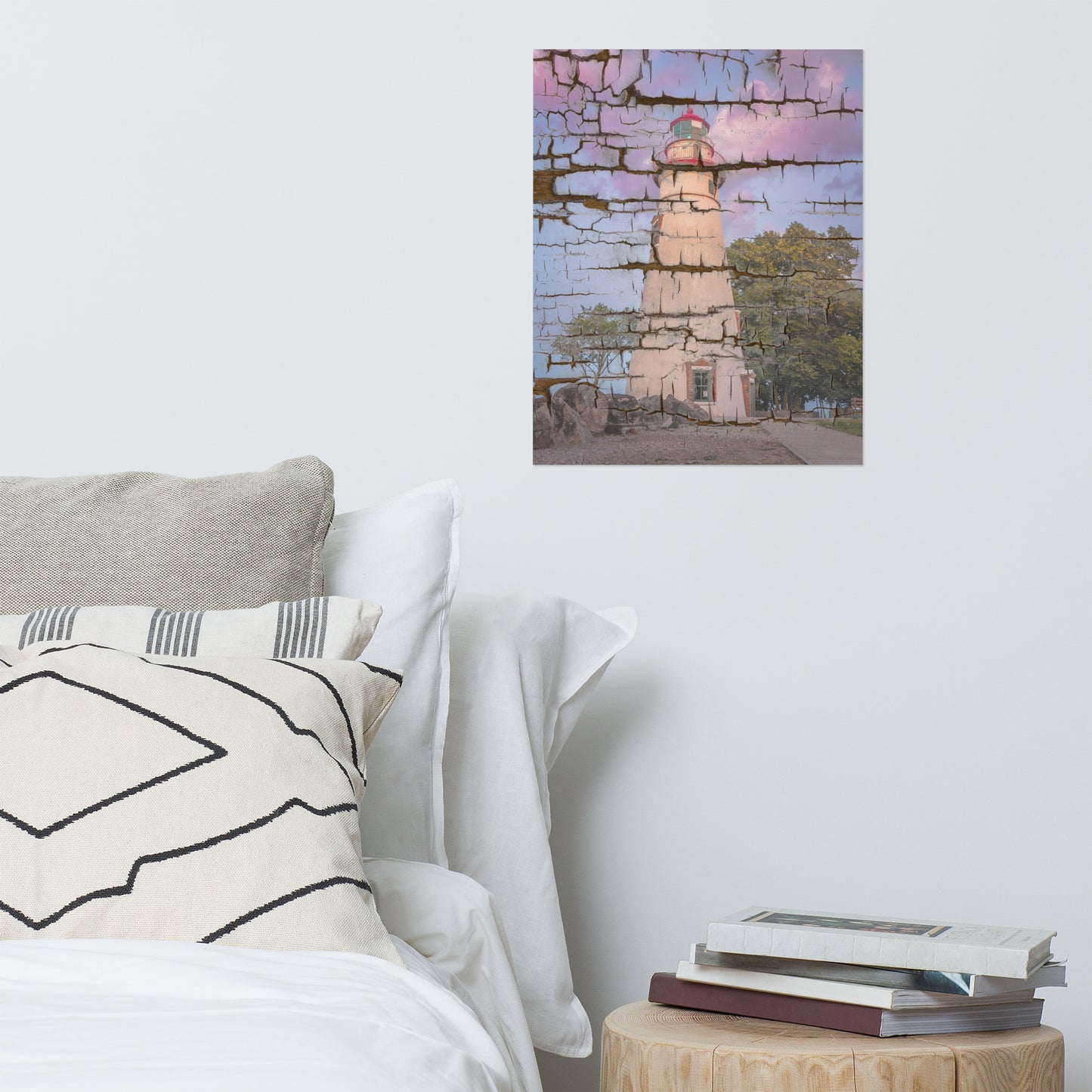 Faux Wood Texture Marblehead Lighthouse at Sunset Landscape Photo Loose Wall Art Print