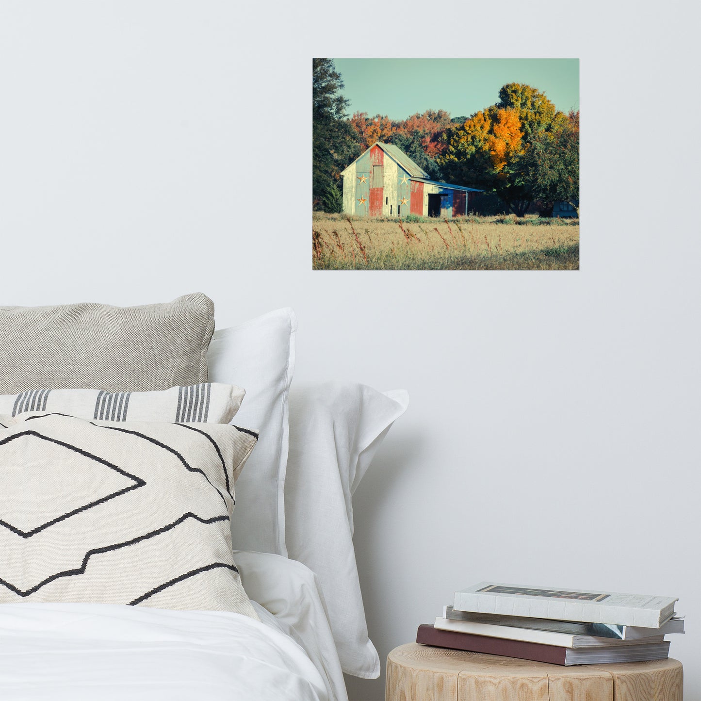 Patriotic Barn in Field Cross Processed Rustic Farmhouse Style Landscape Photo Loose Wall Art Prints